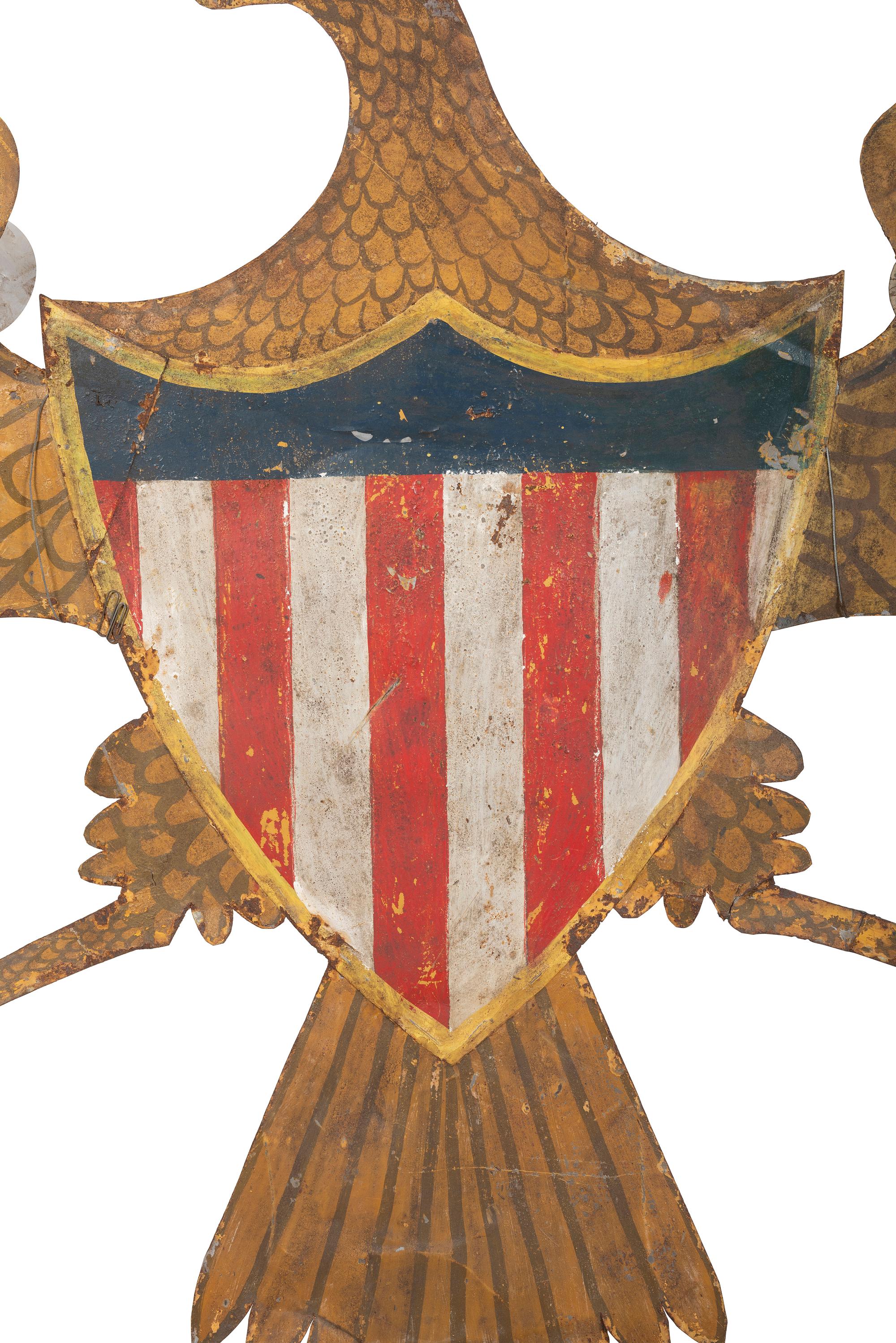 A Large Polychrome Painted Sheet Metal Eagle Crest, 19th Century