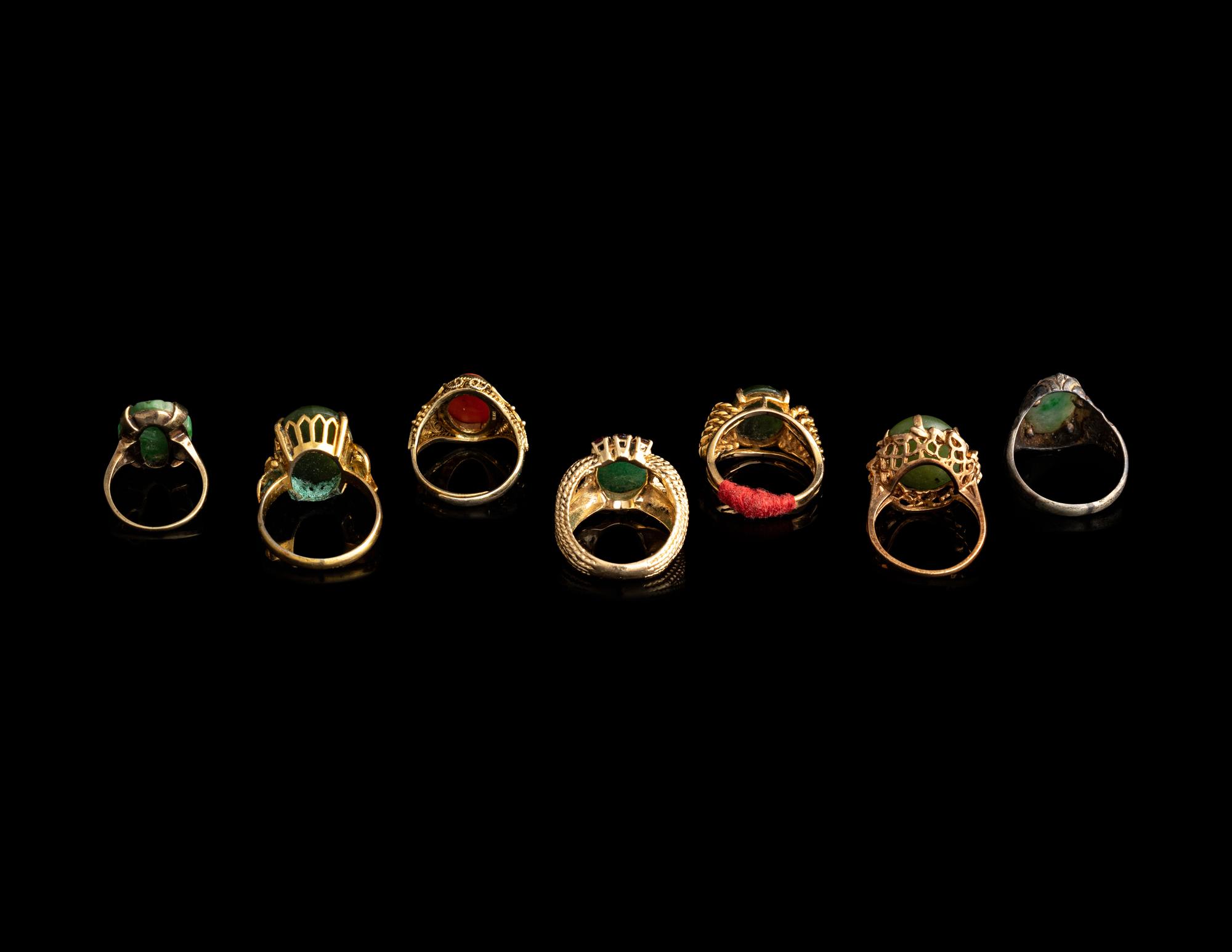 Seven Chinese Hardstone Inset Rings
