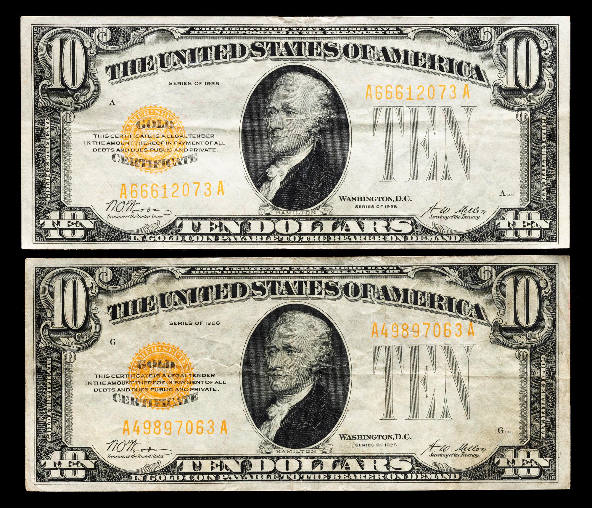 Two United States Series 1928 $10 Gold Certificates