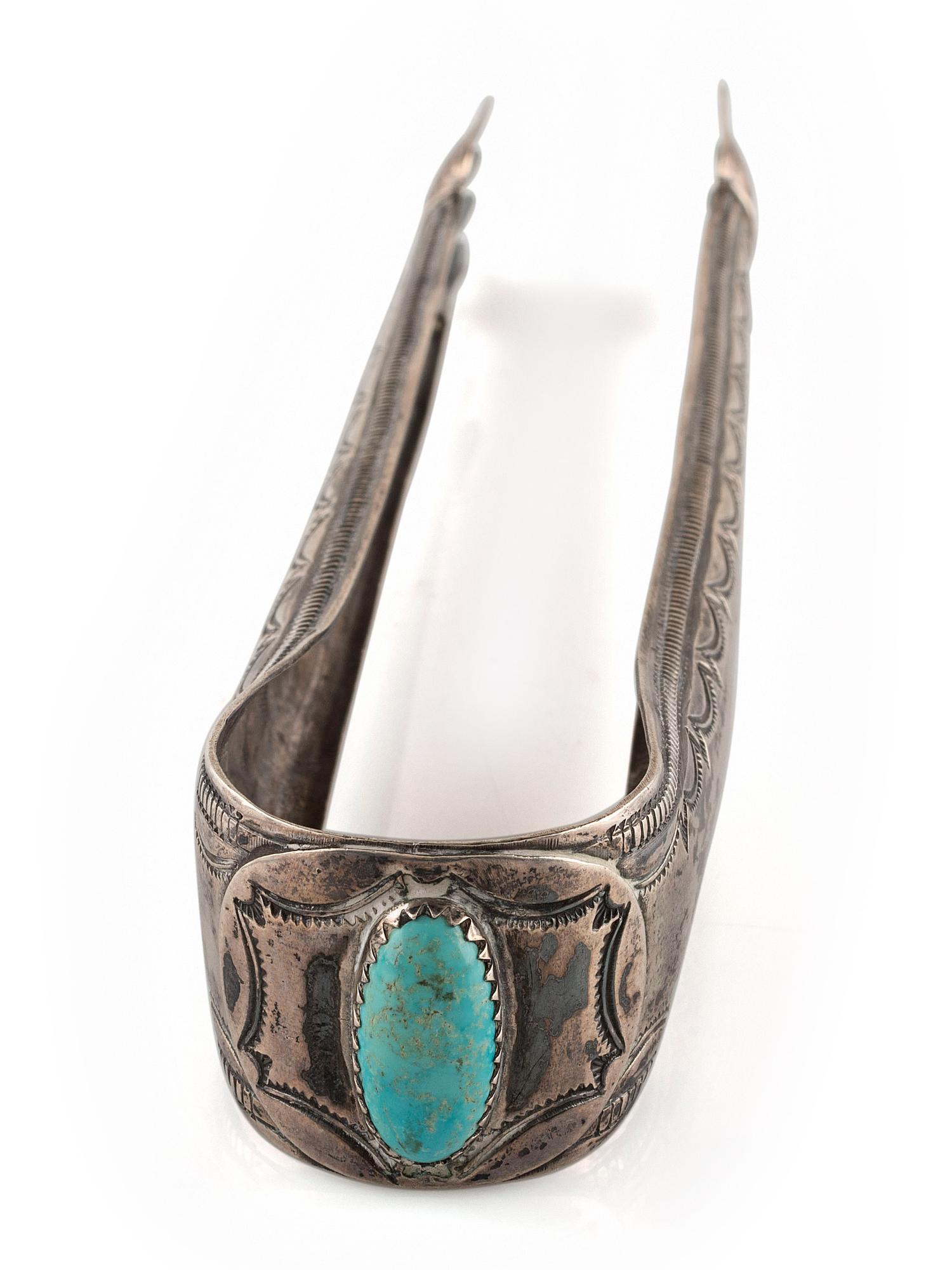 Southwestern-style Heavily Stamped Sterling Silver and Turquoise Tongs