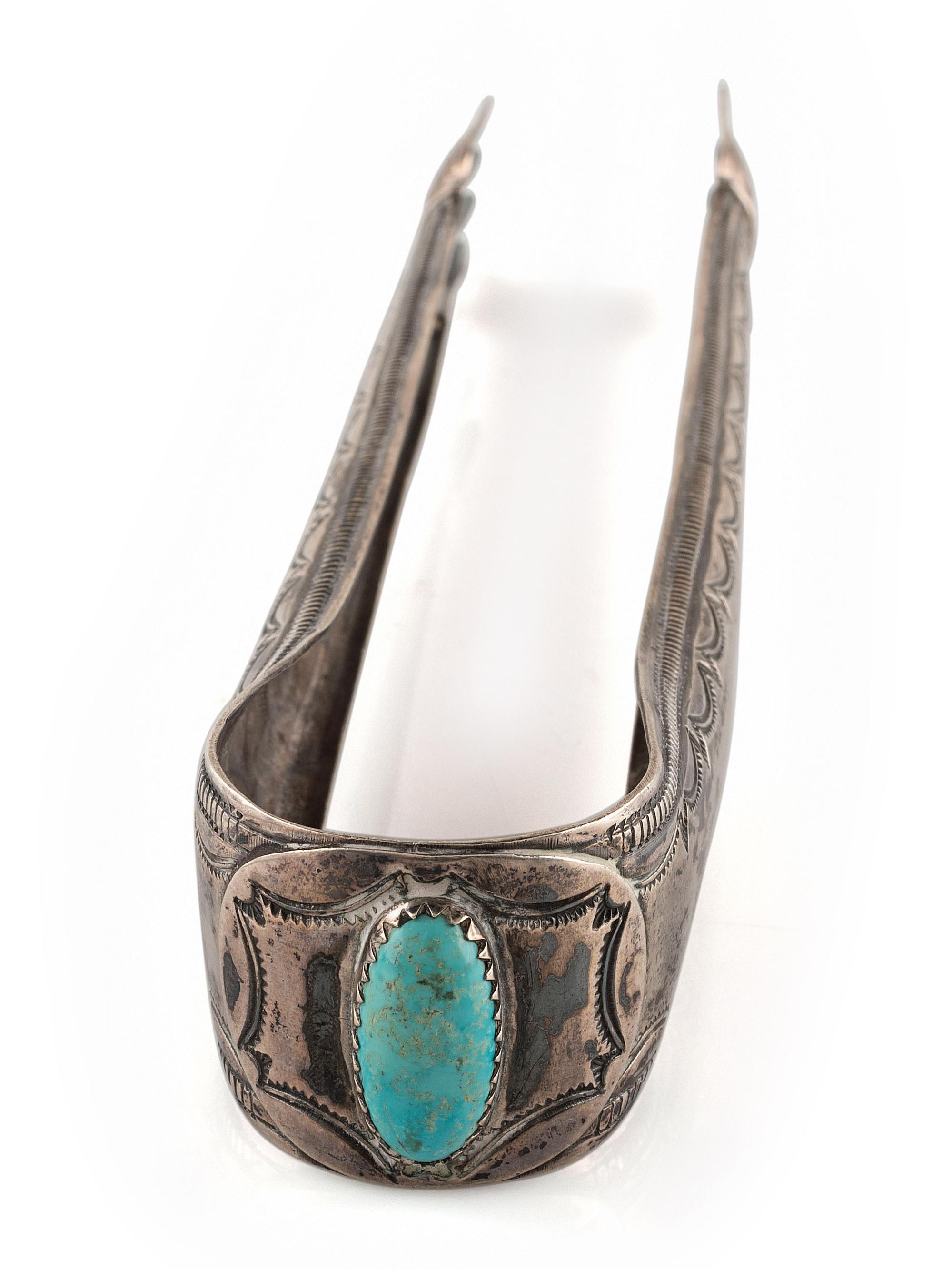 Southwestern-style Heavily Stamped Sterling Silver and Turquoise Tongs