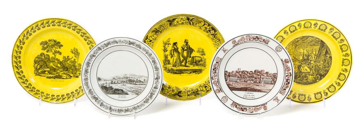 Five French Transfer Decorated Plates Diameter of first 9 3/4 inches.