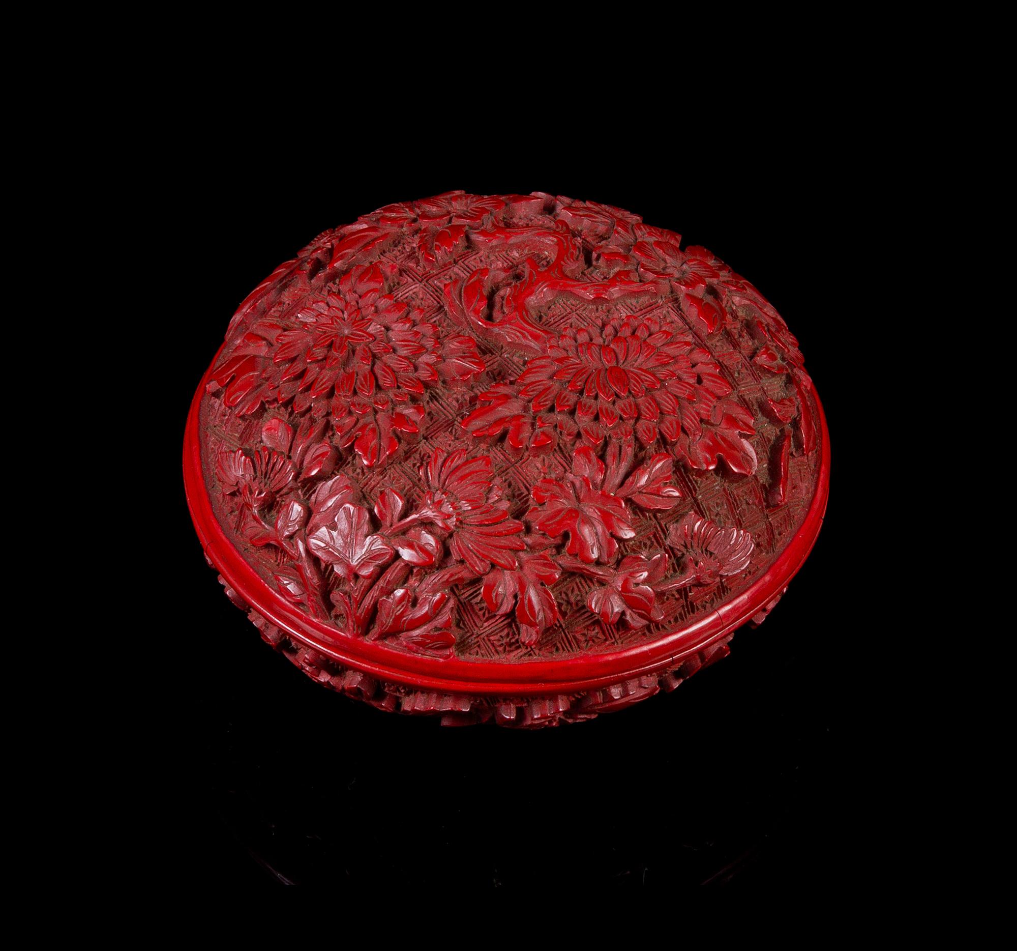 A Cinnabar Lacquer Circular Box and Cover Diameter 2 3/4 inches.