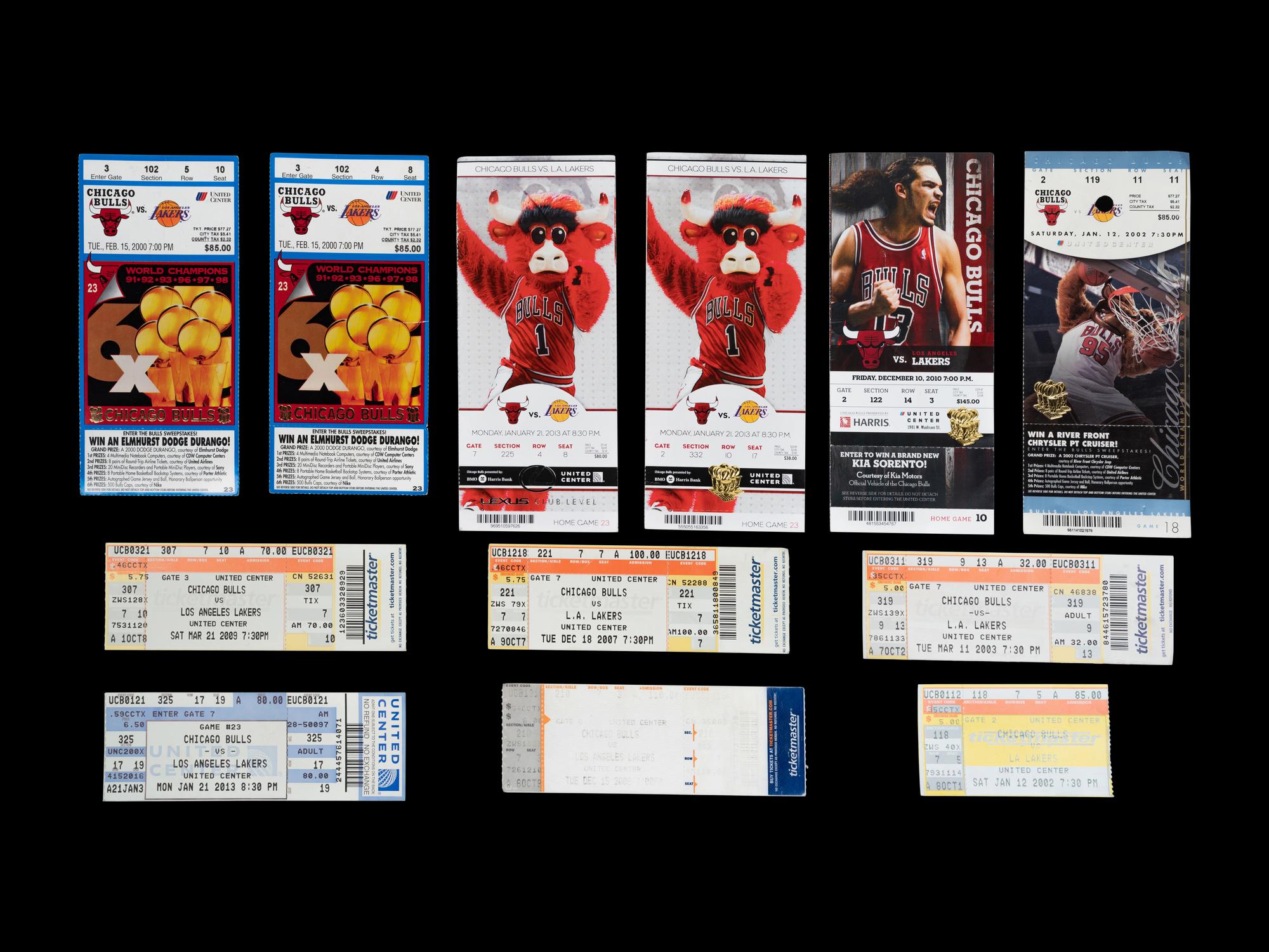 A Collection of 12 Los Angeles Lakers vs. Chicago Bulls Tickets and Stubs From The Career of Kobe Bryant,