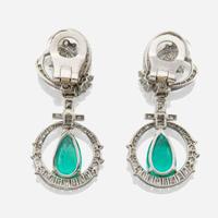 A pair of emerald, diamond, and platinum pendant ear clips, Mauboussin