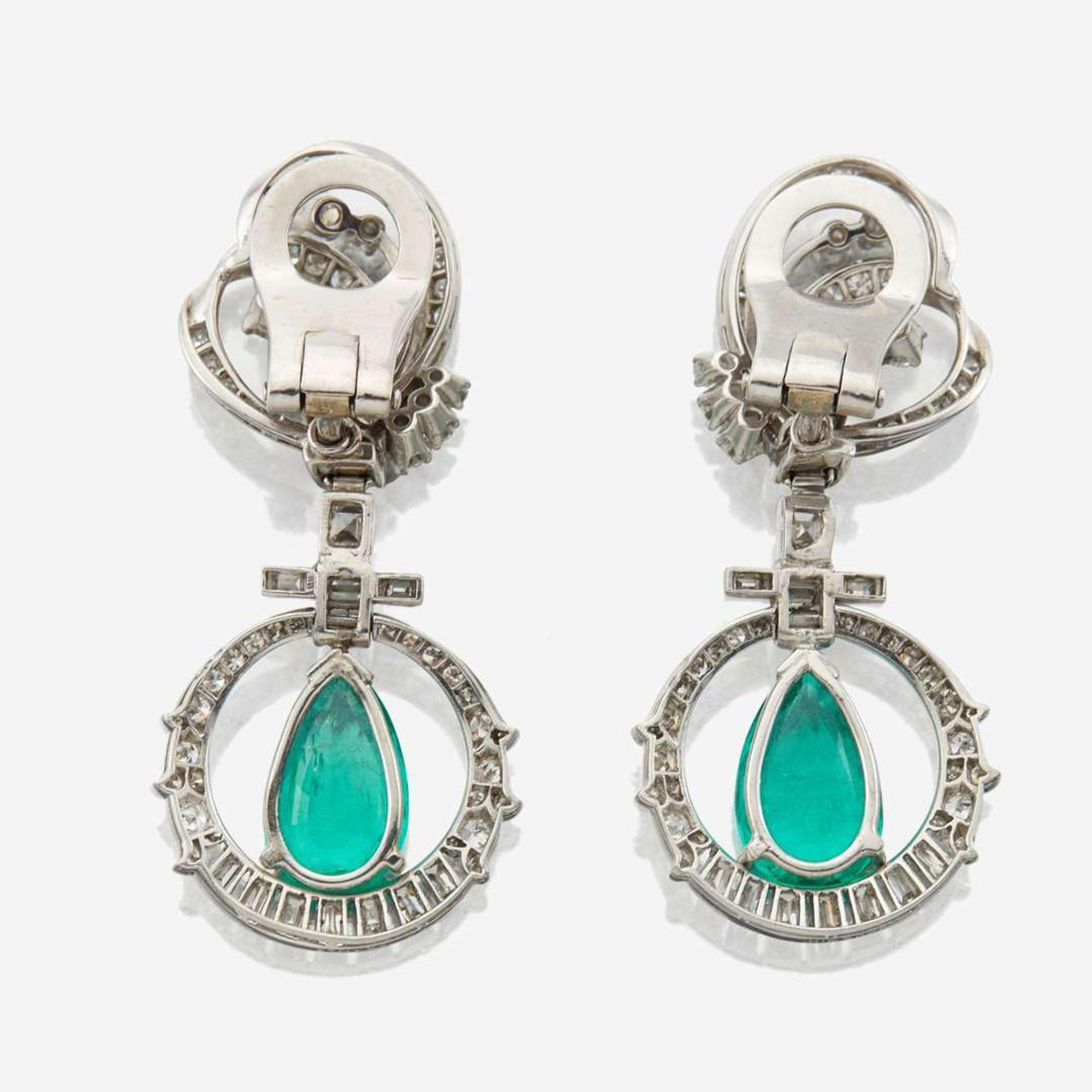 A pair of emerald, diamond, and platinum pendant ear clips, Mauboussin