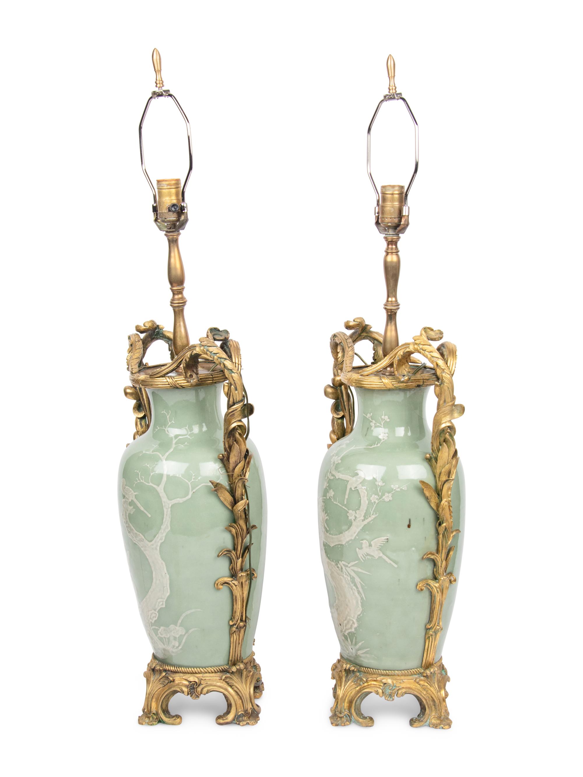 A Pair of French Gilt Bronze Mounted Chinese Celadon Porcelain Vases
