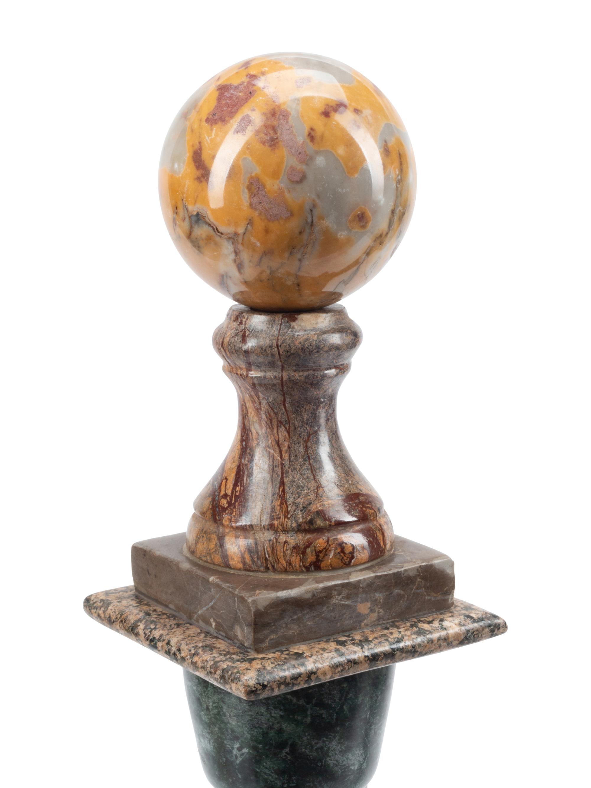 A Pair of Italian Grand Tour Style Multi-Color Marble Columns and Spherical Ornaments