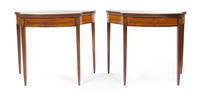 A Pair of Sheraton Style Mahogany Games Tables, Height 28 3/4 x width 34 1/2 x depth 17 inches.