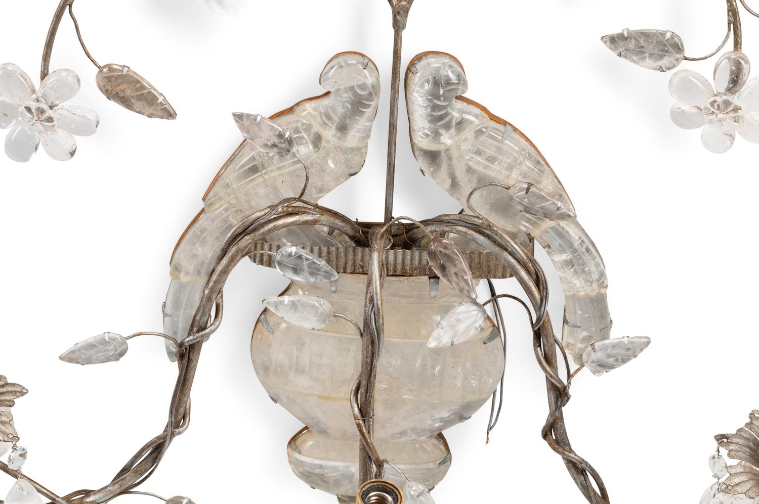 A Pair of Silvered Wood and Rock Crystal Three-Light Sconces, in the Style of Maison Baguès