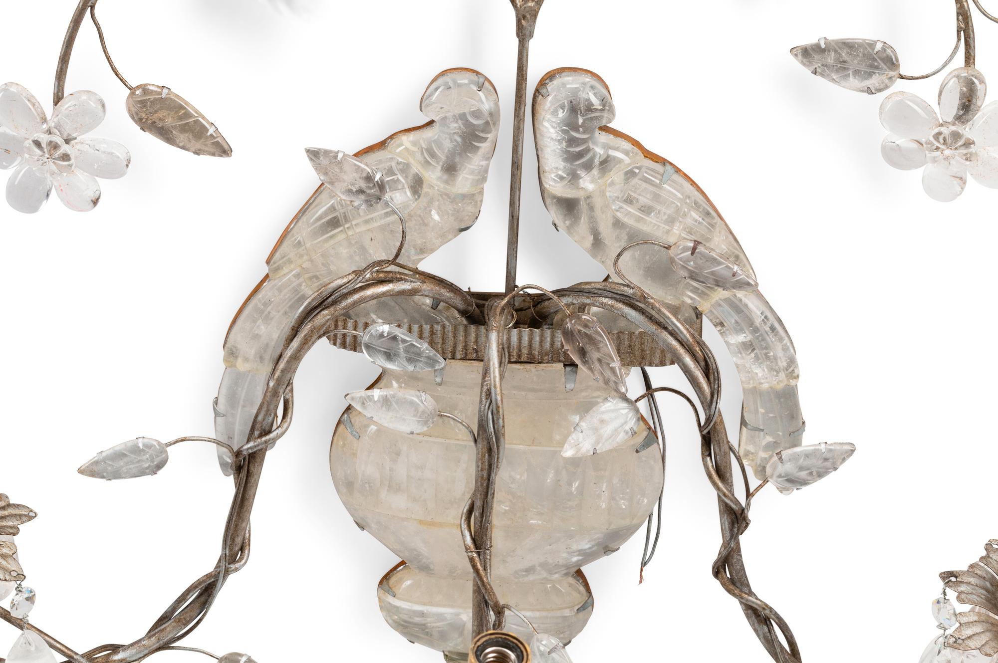 A Pair of Silvered Wood and Rock Crystal Three-Light Sconces, in the Style of Maison Baguès