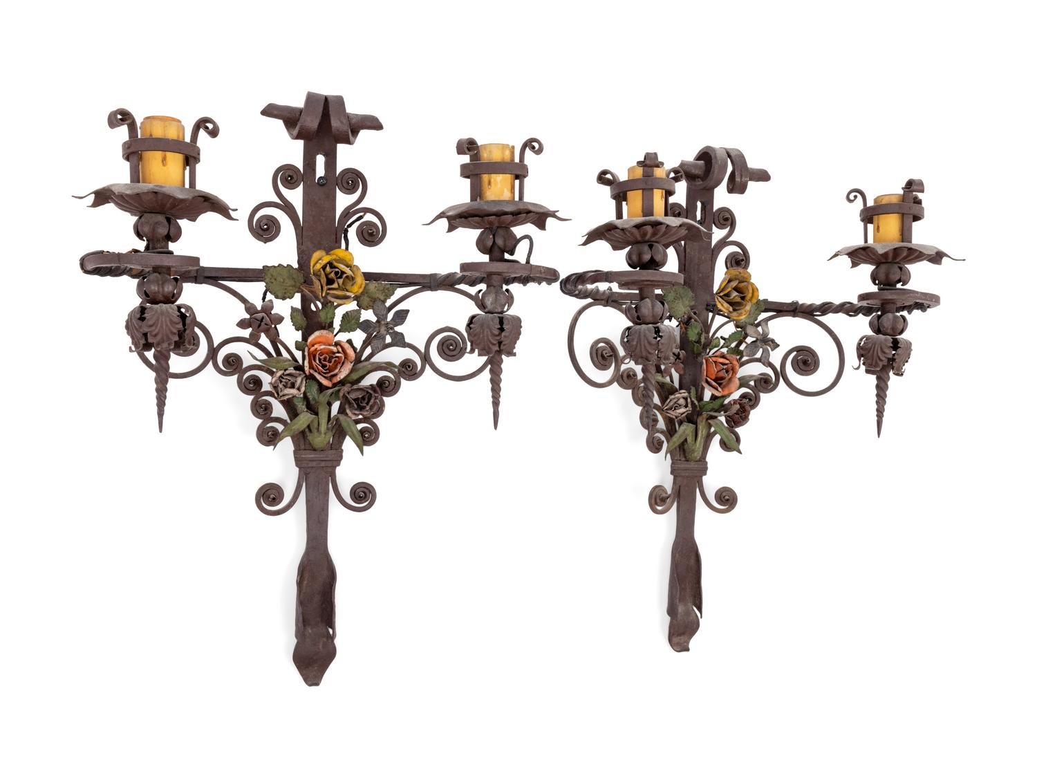 A Pair of Wrought Iron Two-Light Sconces