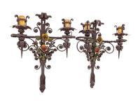 A Pair of Wrought Iron Two-Light Sconces