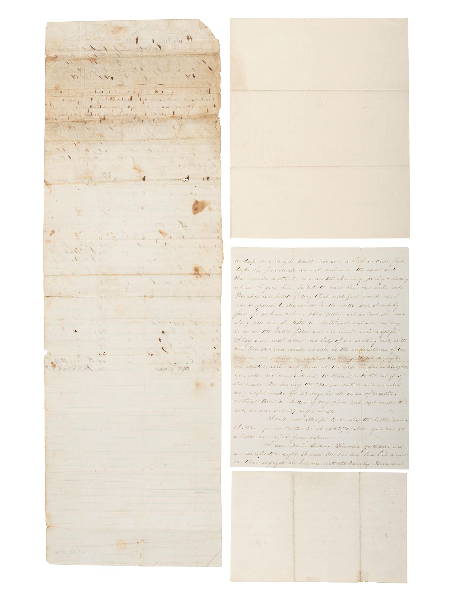 [CIVIL WAR]. Small archive related to Lt. Col. Joseph R. Mitchell, 98th Ohio Volunteer Infantry, including a letter describing a skirmish near Chickamauga Station as part of the Chattanooga-Ringgold Campaign. "Chattanooga, Tenn.," 25 December 1863.