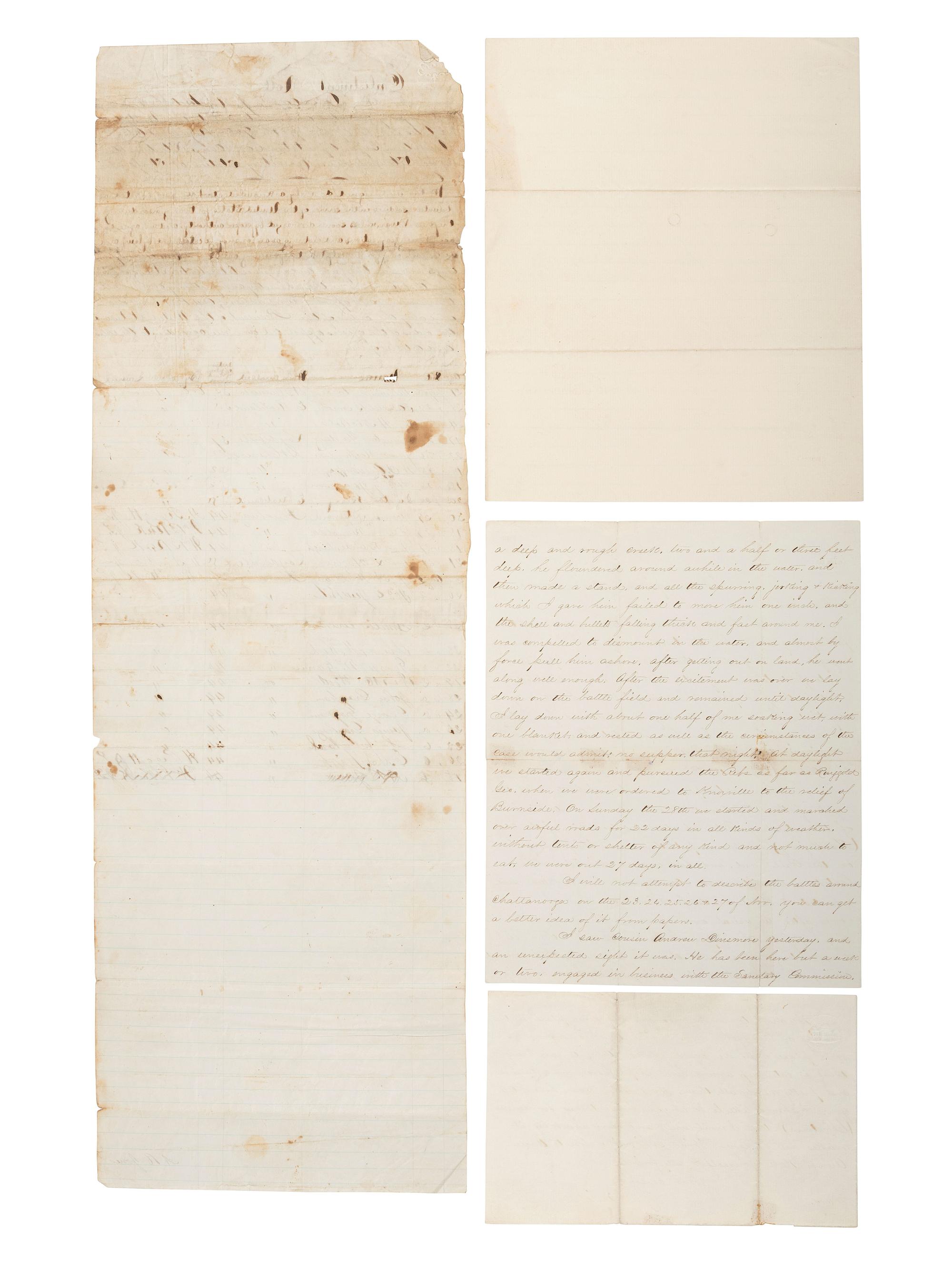 [CIVIL WAR]. Small archive related to Lt. Col. Joseph R. Mitchell, 98th Ohio Volunteer Infantry, including a letter describing a skirmish near Chickamauga Station as part of the Chattanooga-Ringgold Campaign. "Chattanooga, Tenn.," 25 December 1863.