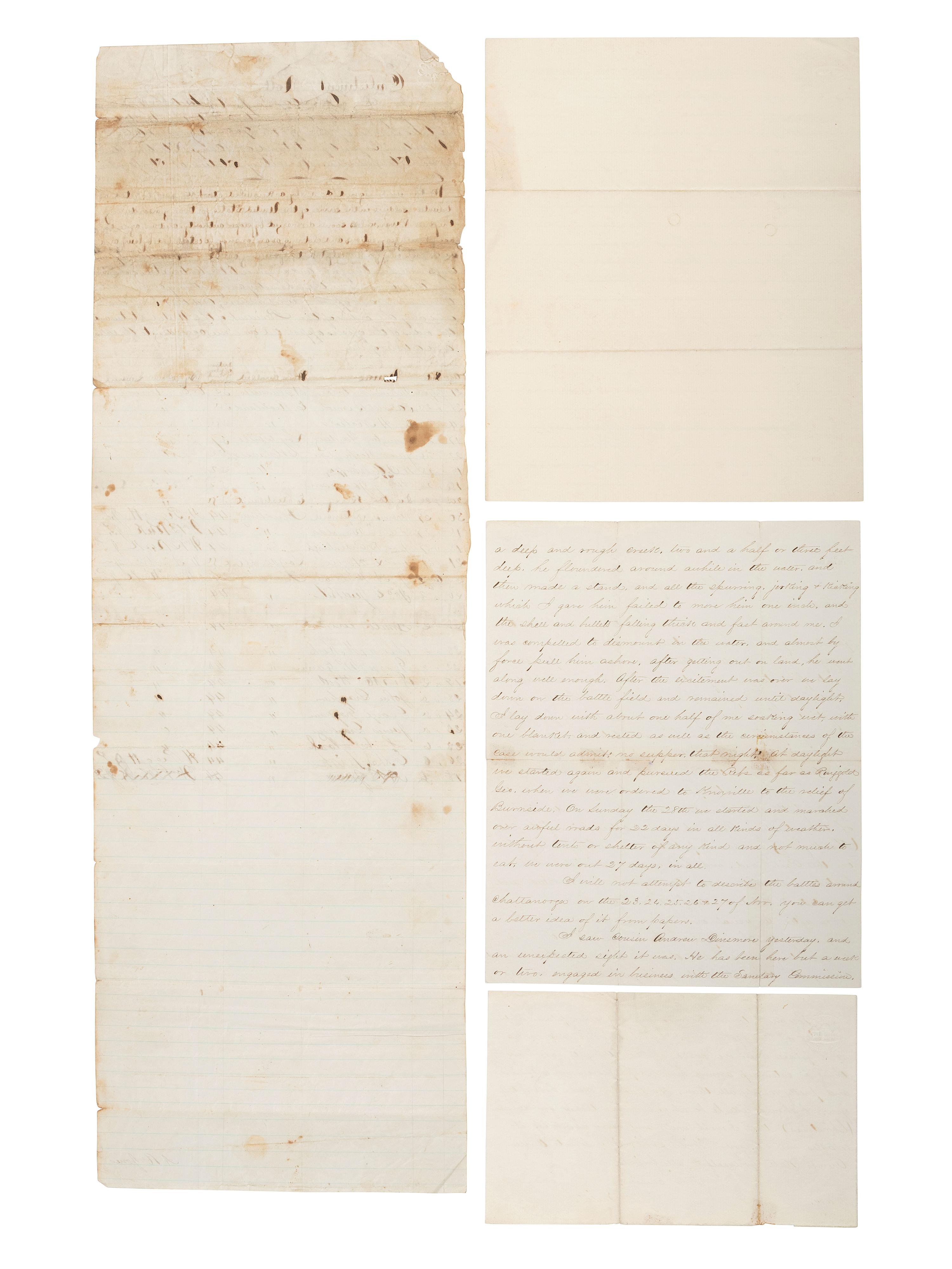 [CIVIL WAR]. Small archive related to Lt. Col. Joseph R. Mitchell, 98th Ohio Volunteer Infantry, including a letter describing a skirmish near Chickamauga Station as part of the Chattanooga-Ringgold Campaign. "Chattanooga, Tenn.," 25 December 1863.