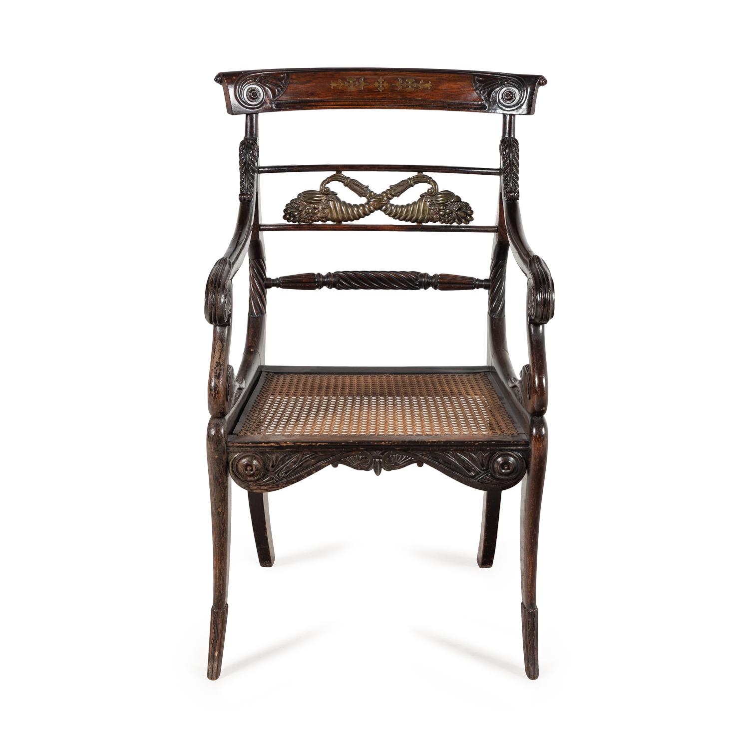 A Regency Rosewood, Mahogany and Brass Armchair