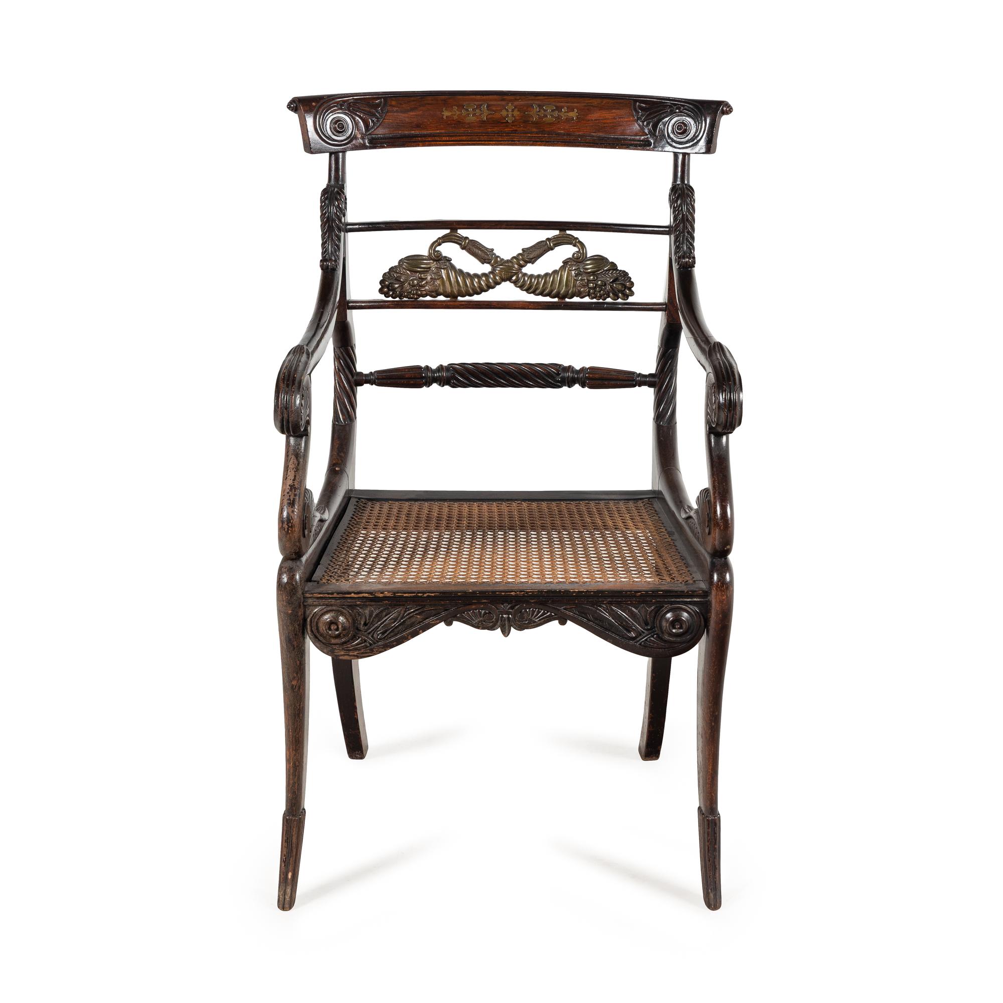 A Regency Rosewood, Mahogany and Brass Armchair