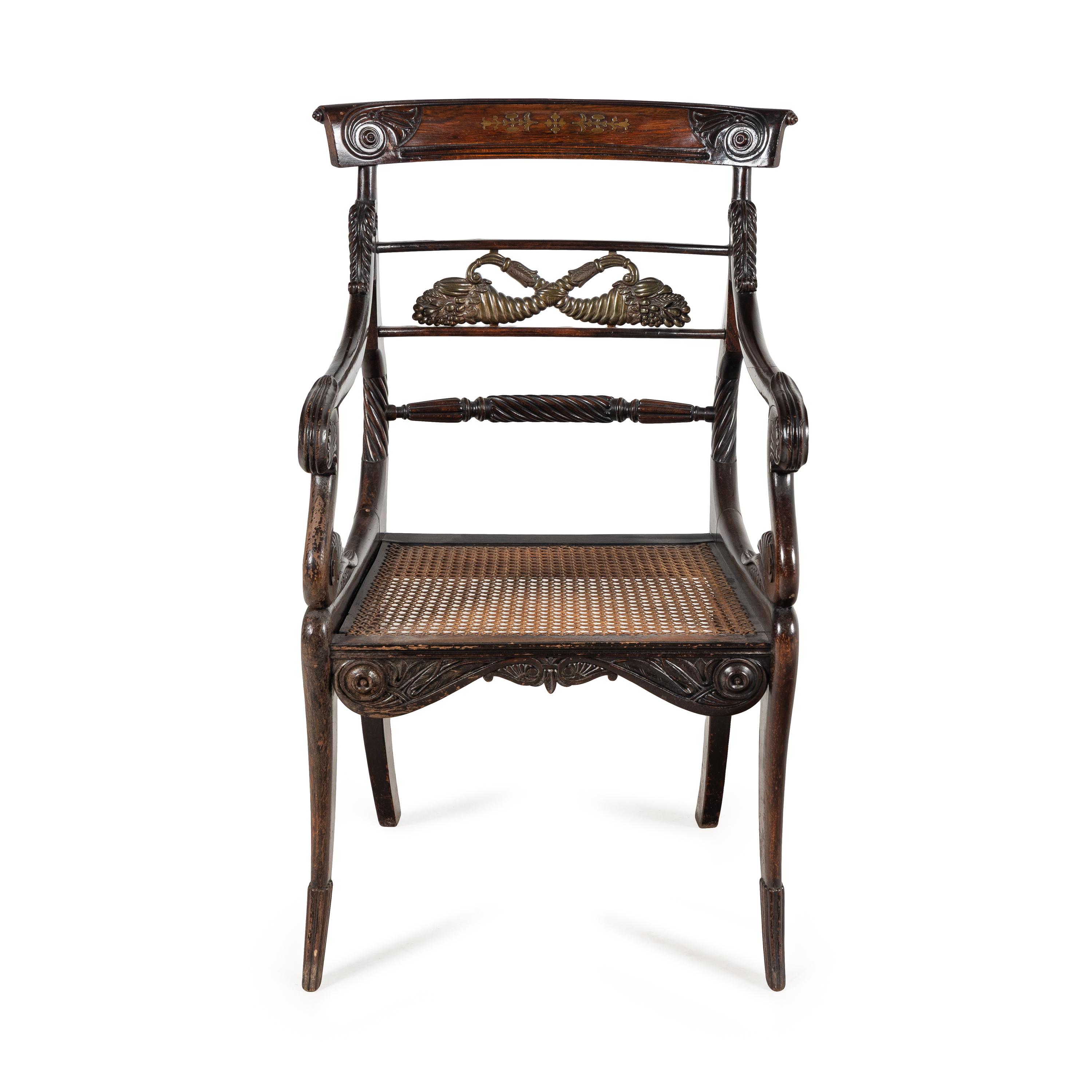 A Regency Rosewood, Mahogany and Brass Armchair