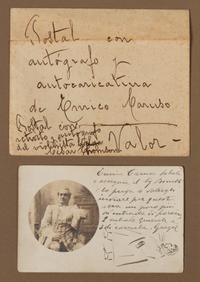 CARUSO, Enrico (1873-1921). Photographic postcard signed ("Enrico Caruso"), with small full-length self portrait in caricature, n.d. Framed with autograph note in a different hand noting that the postcard was sent to violinist Cesar Thomson, n.d.