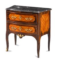 A Transitional Gilt Bronze Mounted Kingwood and Fruitwood Marble-Top Commode
