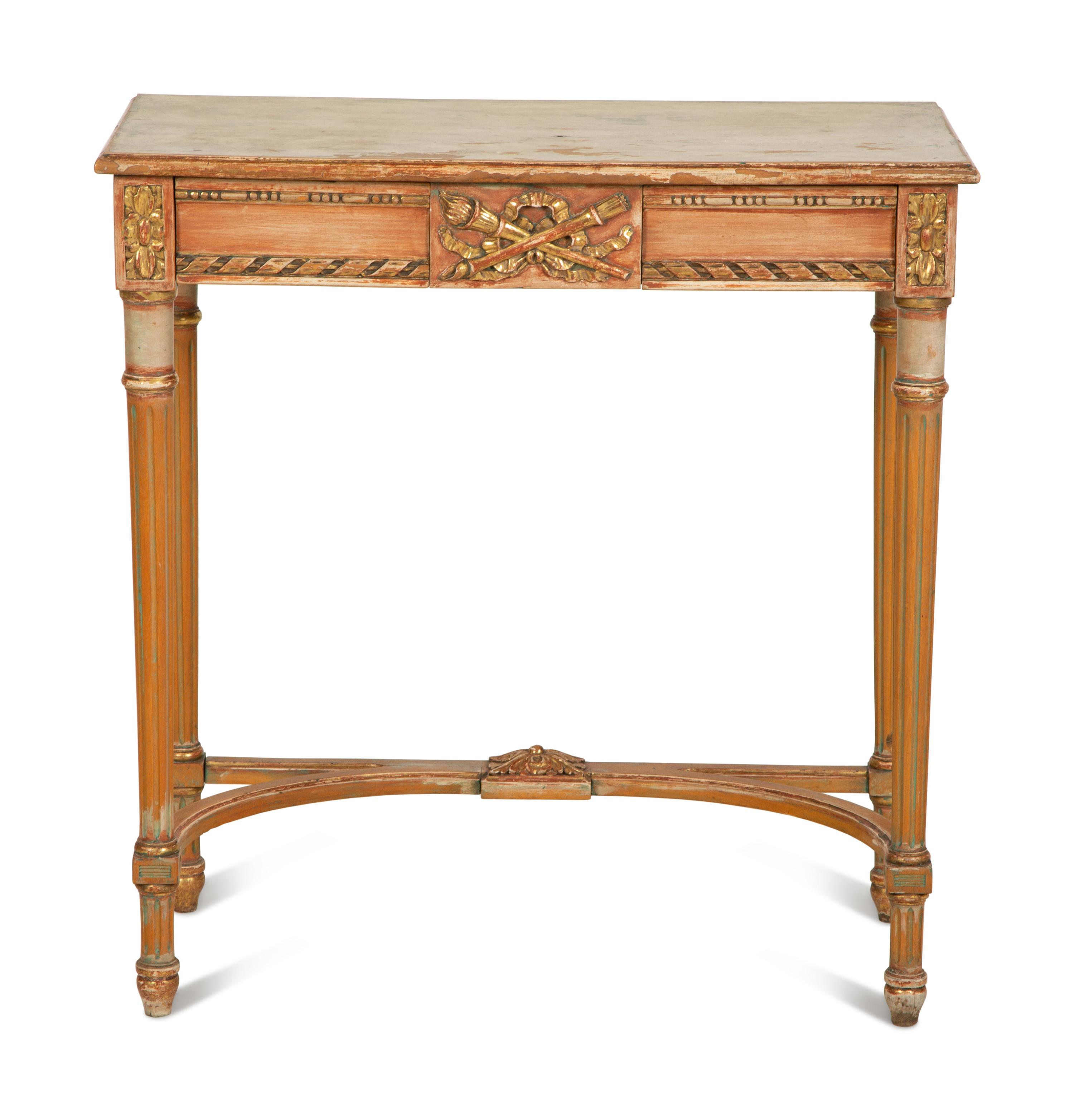 A Louis XVI Style Painted and Parcel Gilt Side Table