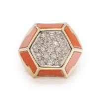 Coral, Diamond, and Yellow Gold Ring