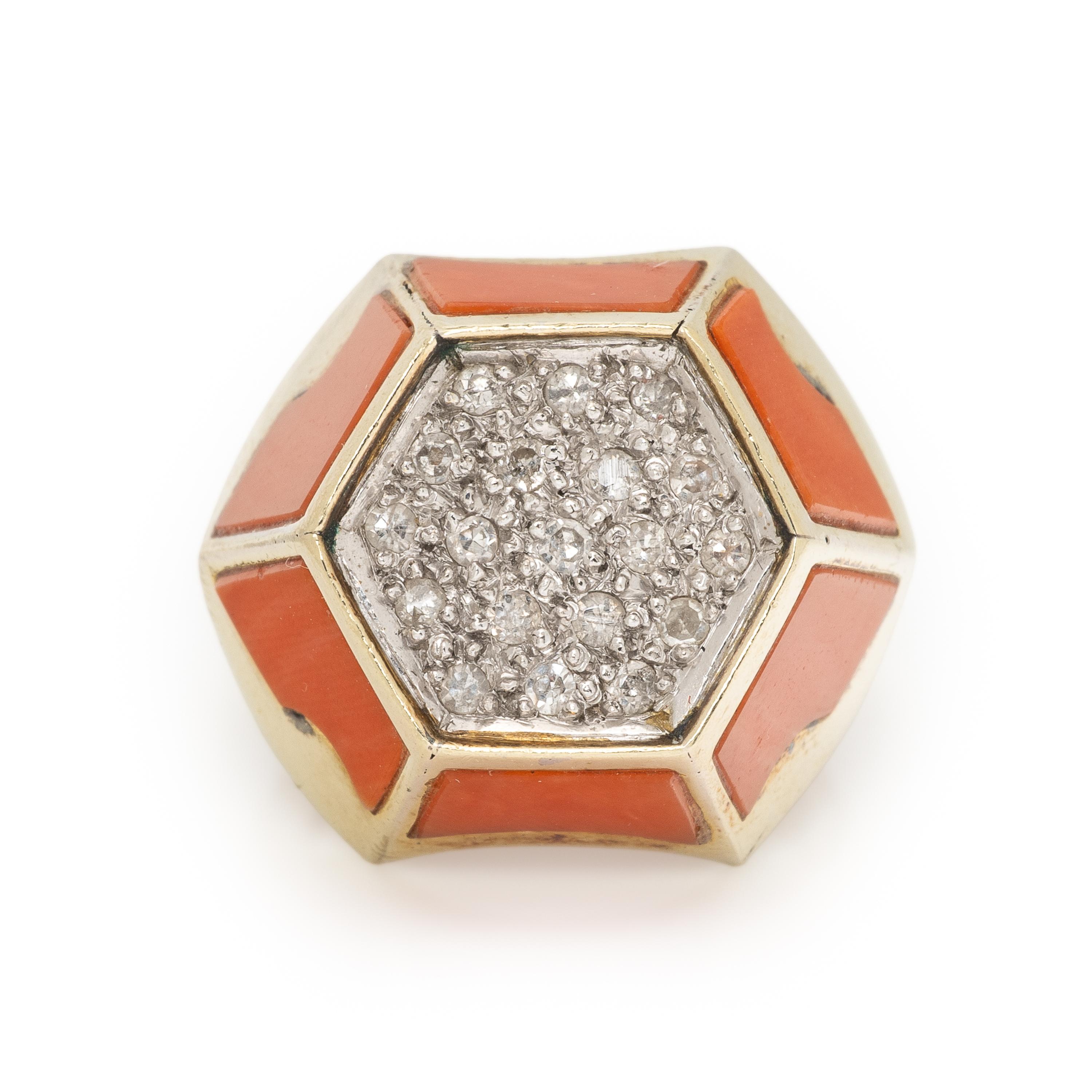 Coral, Diamond, and Yellow Gold Ring