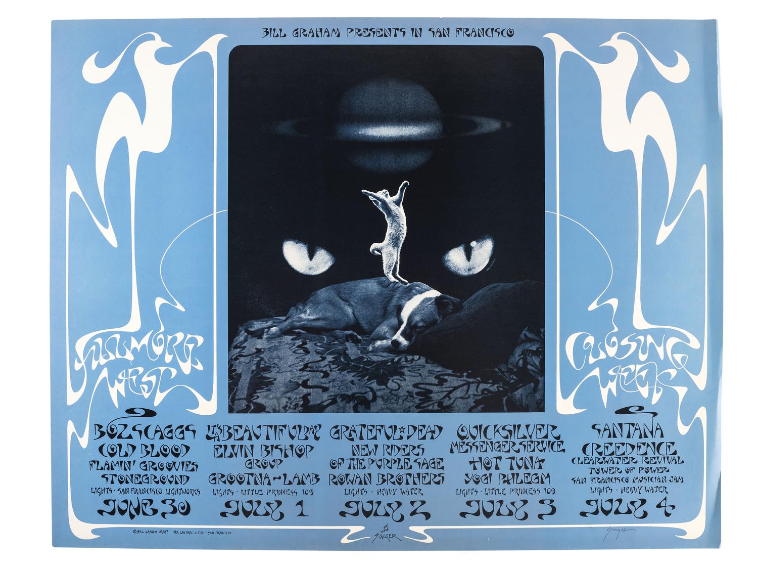 [MUSIC - POSTERS]. SINGER, David, artist. Complete set of 66 SIGNED posters designed for the Fillmore West Ballroom, San Francisco, California. 1969-1971.