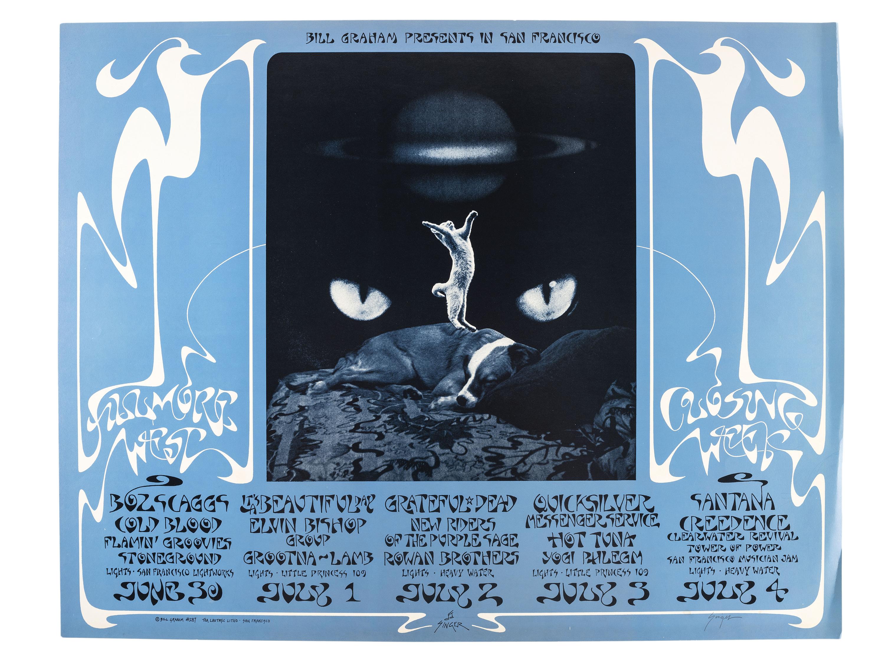 [MUSIC - POSTERS]. SINGER, David, artist. Complete set of 66 SIGNED posters designed for the Fillmore West Ballroom, San Francisco, California. 1969-1971.