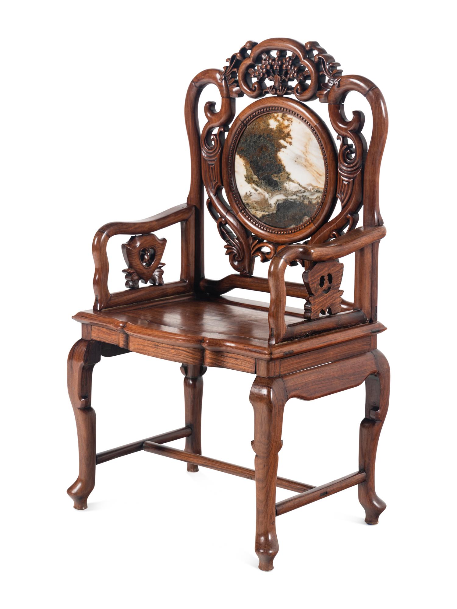 A Chinese Export Marble Inset Hongmu Armchair