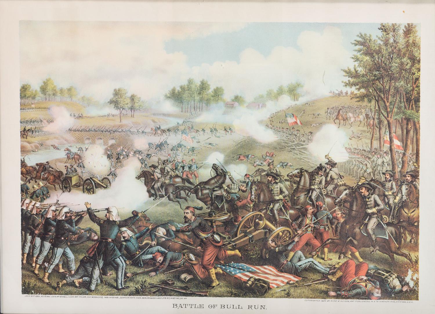 [CIVIL WAR]. A group of 3 lithographs featuring Civil War subject matter, incl. the Battle of Bull Run, soldiers standing before the monument memorializing those that fell at Bull Run, and a view of Libby Prison.