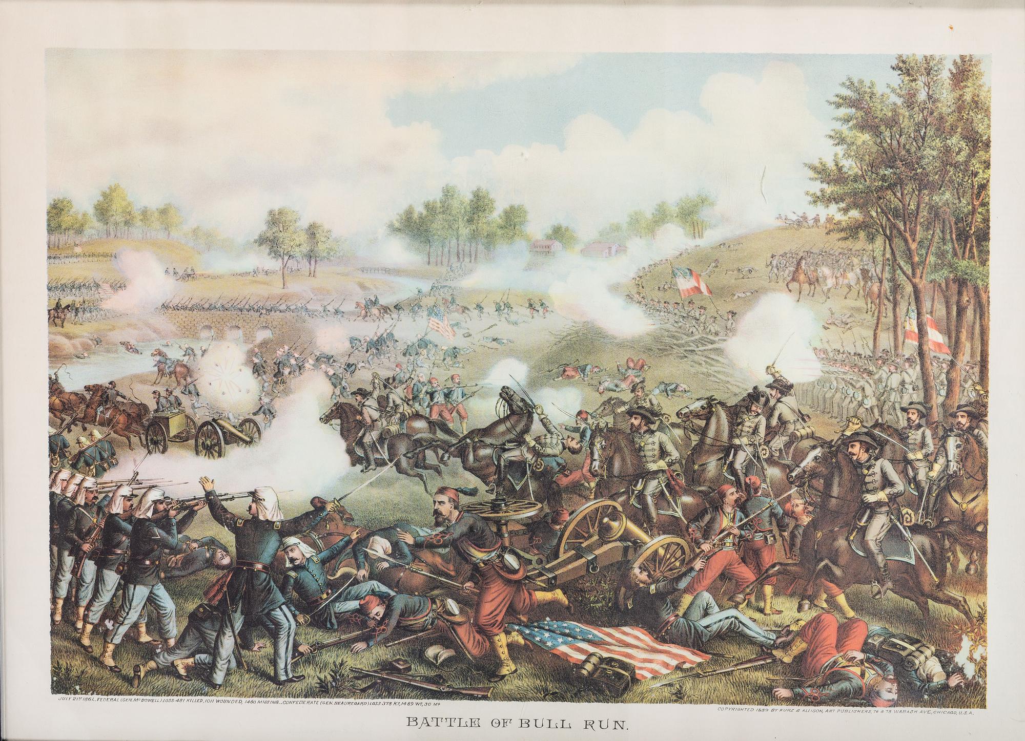[CIVIL WAR]. A group of 3 lithographs featuring Civil War subject matter, incl. the Battle of Bull Run, soldiers standing before the monument memorializing those that fell at Bull Run, and a view of Libby Prison.