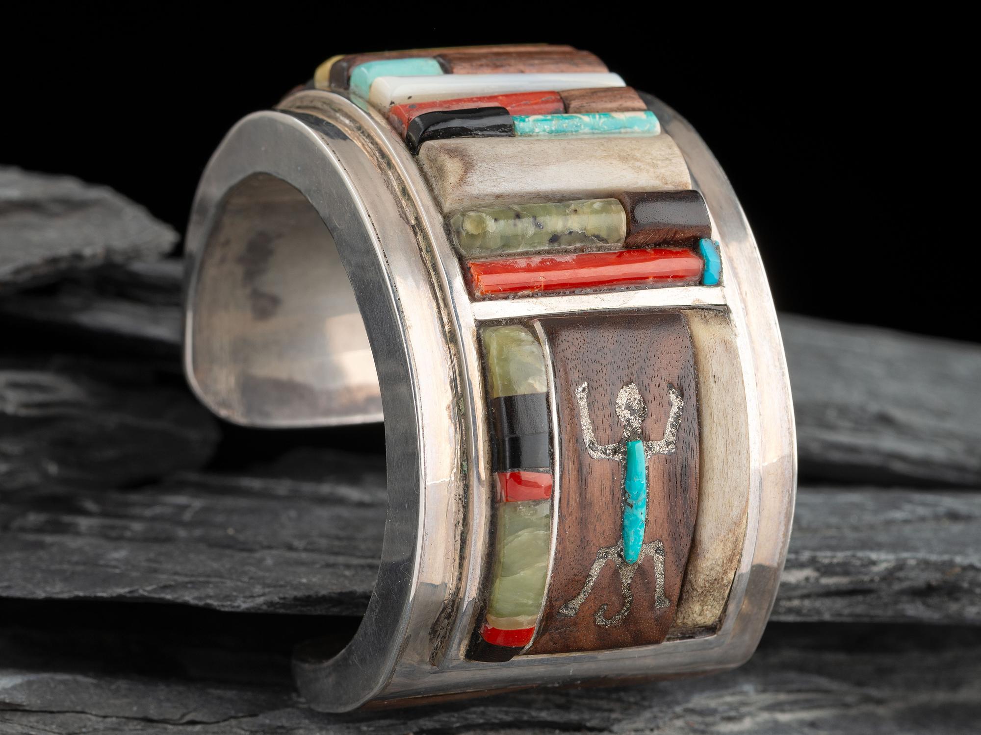 Southwestern-style Wide Silver and Cobblestone Inlay Cuff Bracelet