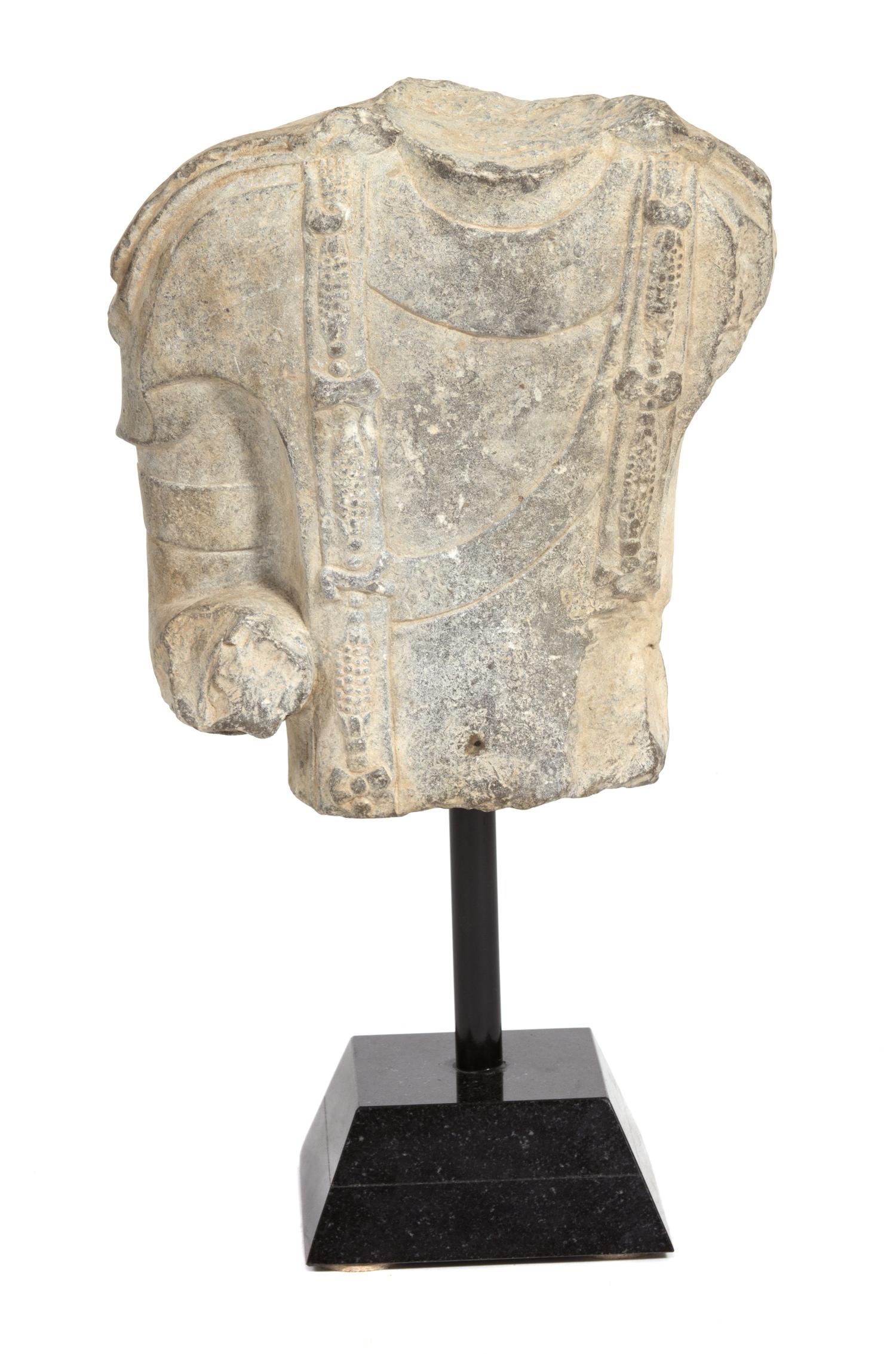 A Chinese Carved Stone Torso Fragment Height of fragment 11 x width 10 inches. — 19TH CENTURY