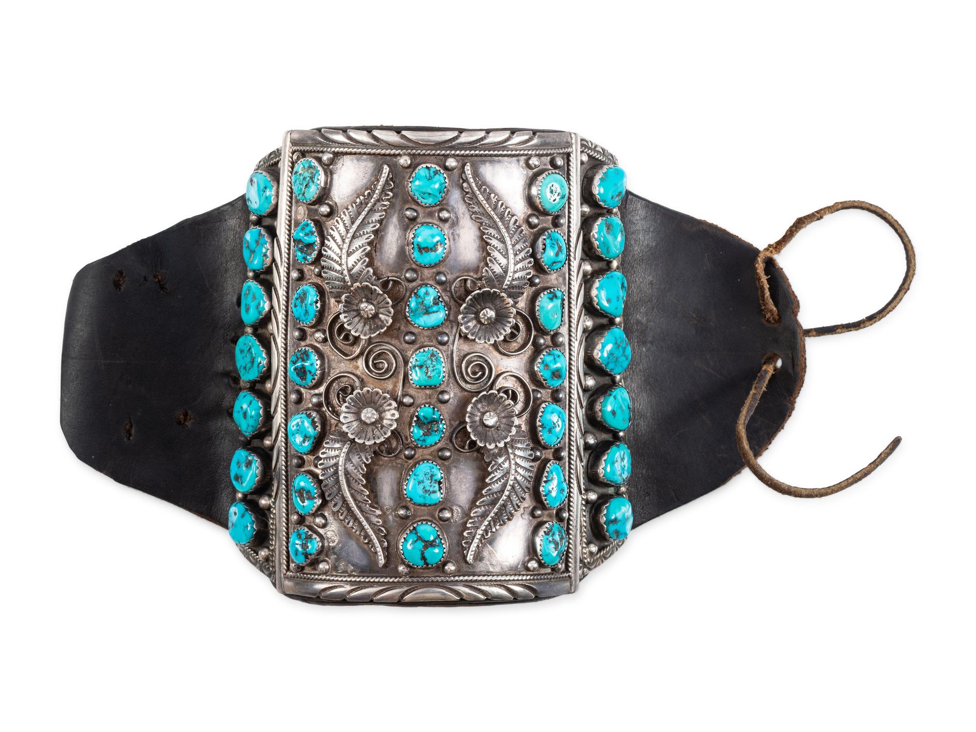 Navajo Silver and Turquoise Ketoh, with Floral and Leaf Silver Applique Accents