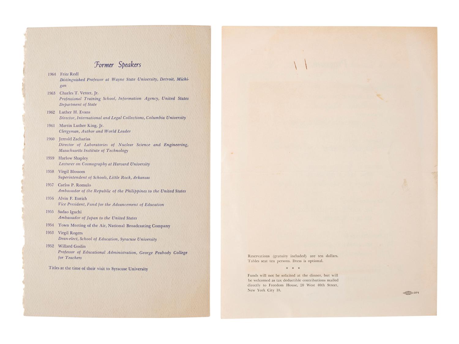 [KING, Martin Luther, Jr. (1929-1968)]. A group of 4 programs from events featuring or honoring Dr. Martin Luther King, Jr. 1956-1965.