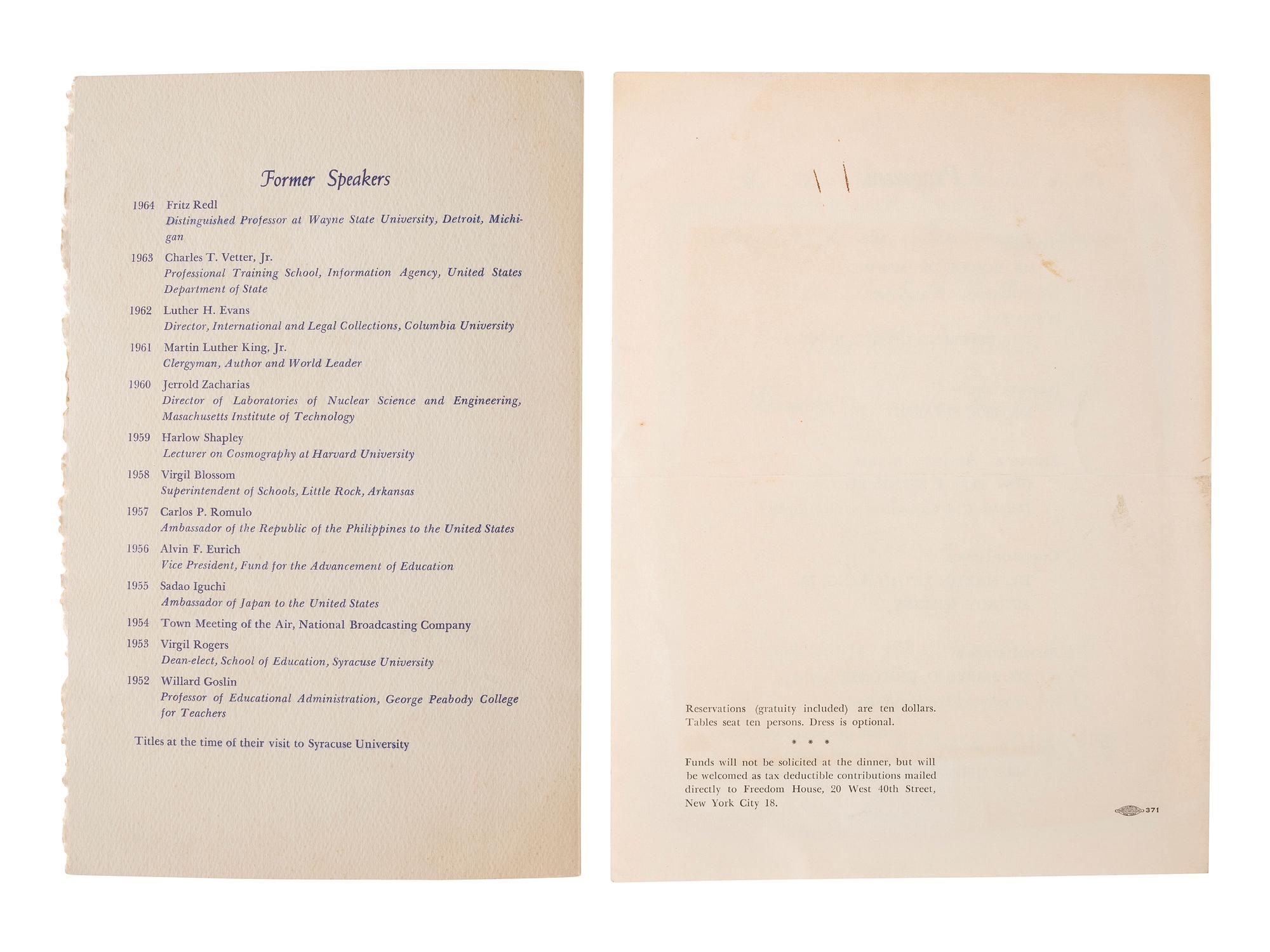 [KING, Martin Luther, Jr. (1929-1968)]. A group of 4 programs from events featuring or honoring Dr. Martin Luther King, Jr. 1956-1965.