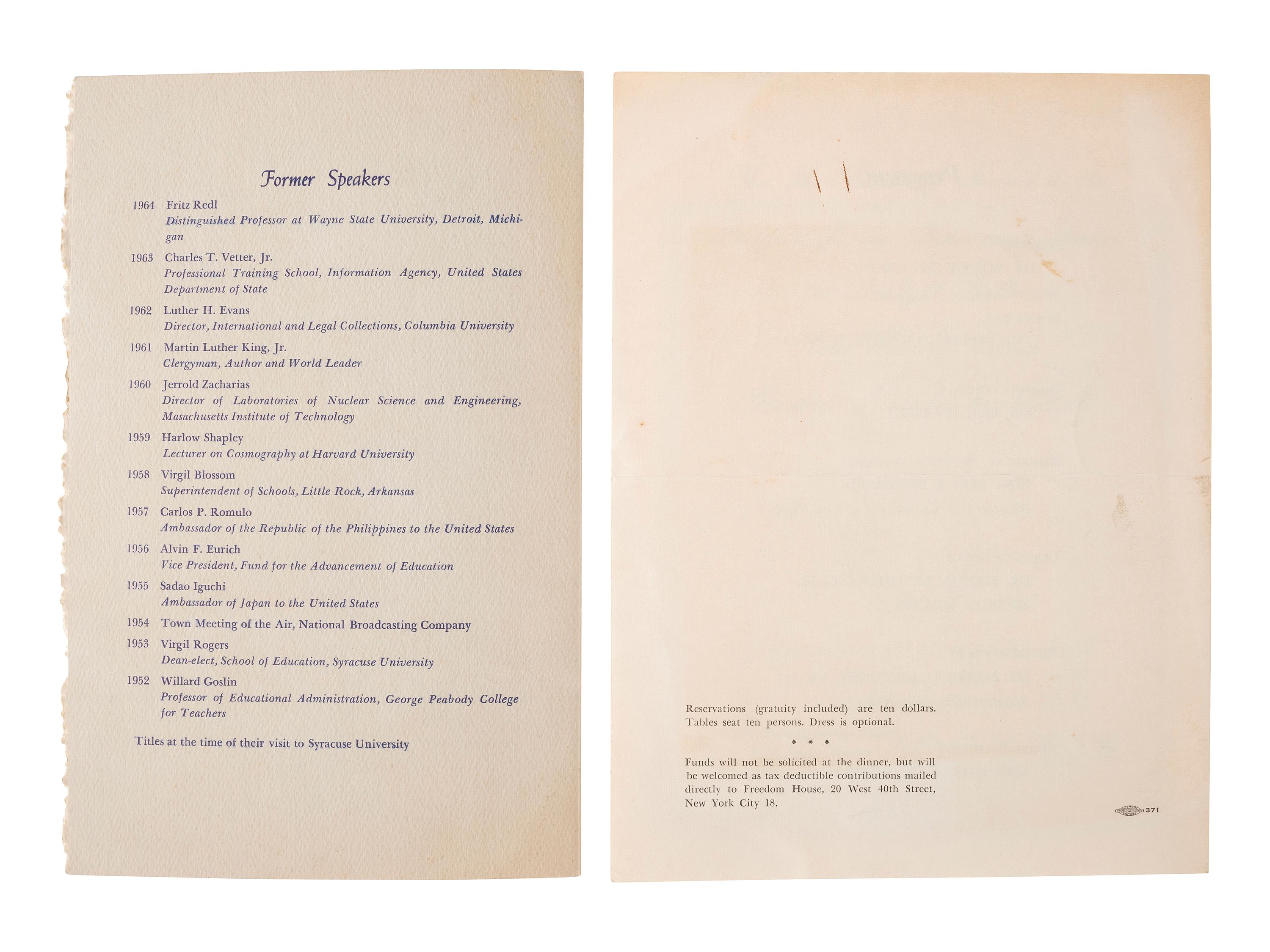 [KING, Martin Luther, Jr. (1929-1968)]. A group of 4 programs from events featuring or honoring Dr. Martin Luther King, Jr. 1956-1965.