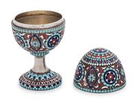 A Russian Silver and Enameled Egg-Form Table Ornament