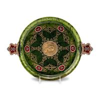 A Nephrite, Gold-Mounted, Gemstone-Inset and Guilloché Enamel Presentation Dish