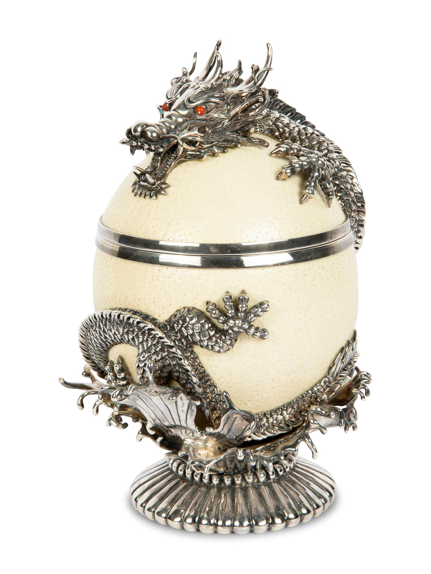 A Silver Mounted Ostrich Egg 'Dragon' Box and Cover