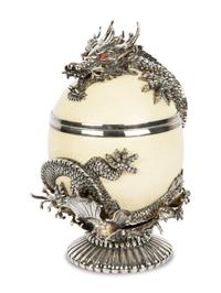 A Silver Mounted Ostrich Egg 'Dragon' Box and Cover