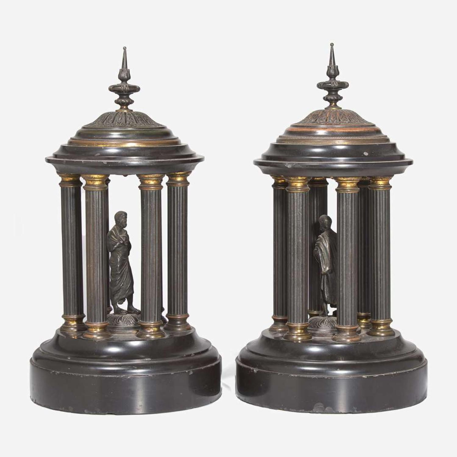 A pair of Grand Tour patinated bronze and marble tempietto late 19th century