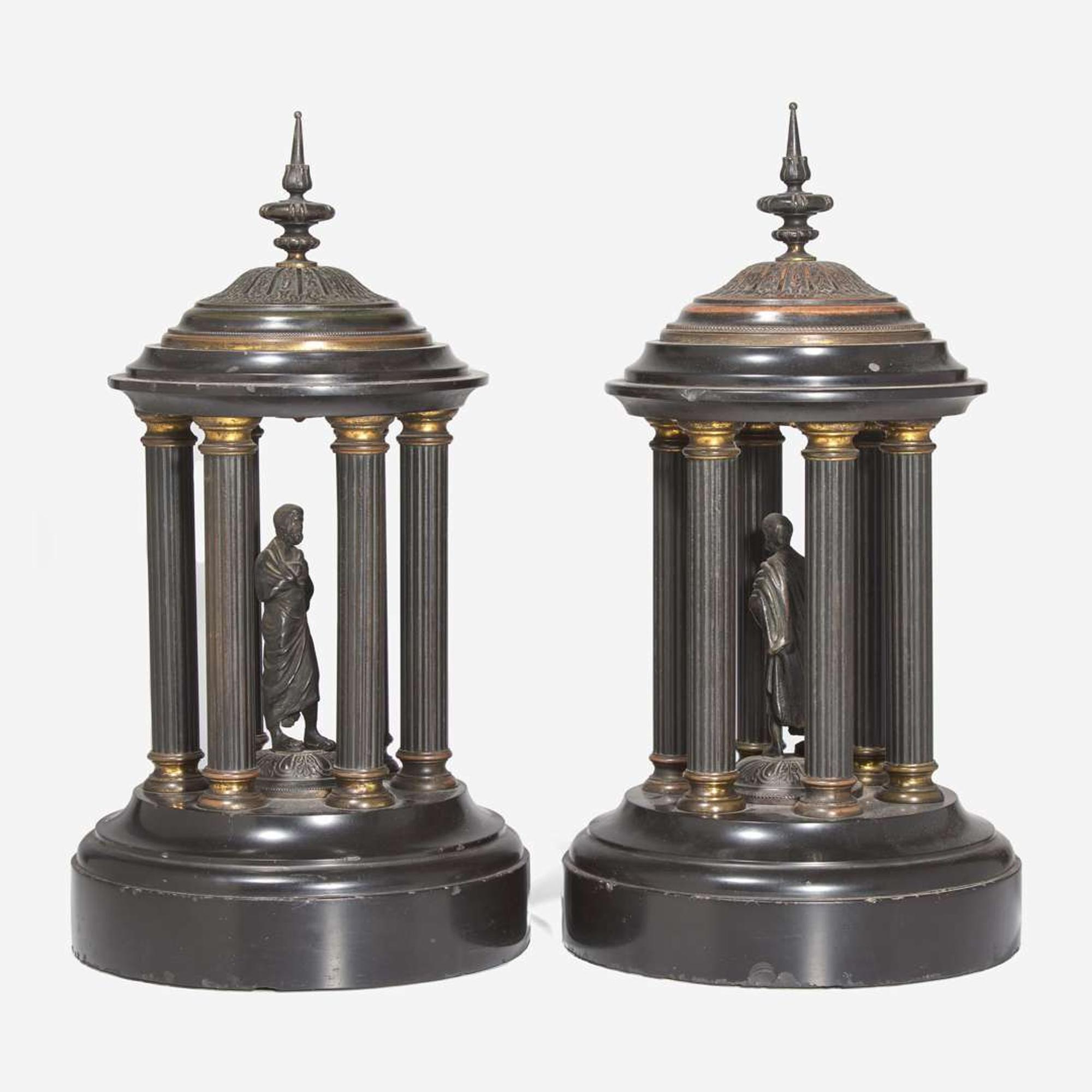 A pair of Grand Tour patinated bronze and marble tempietto late 19th century
