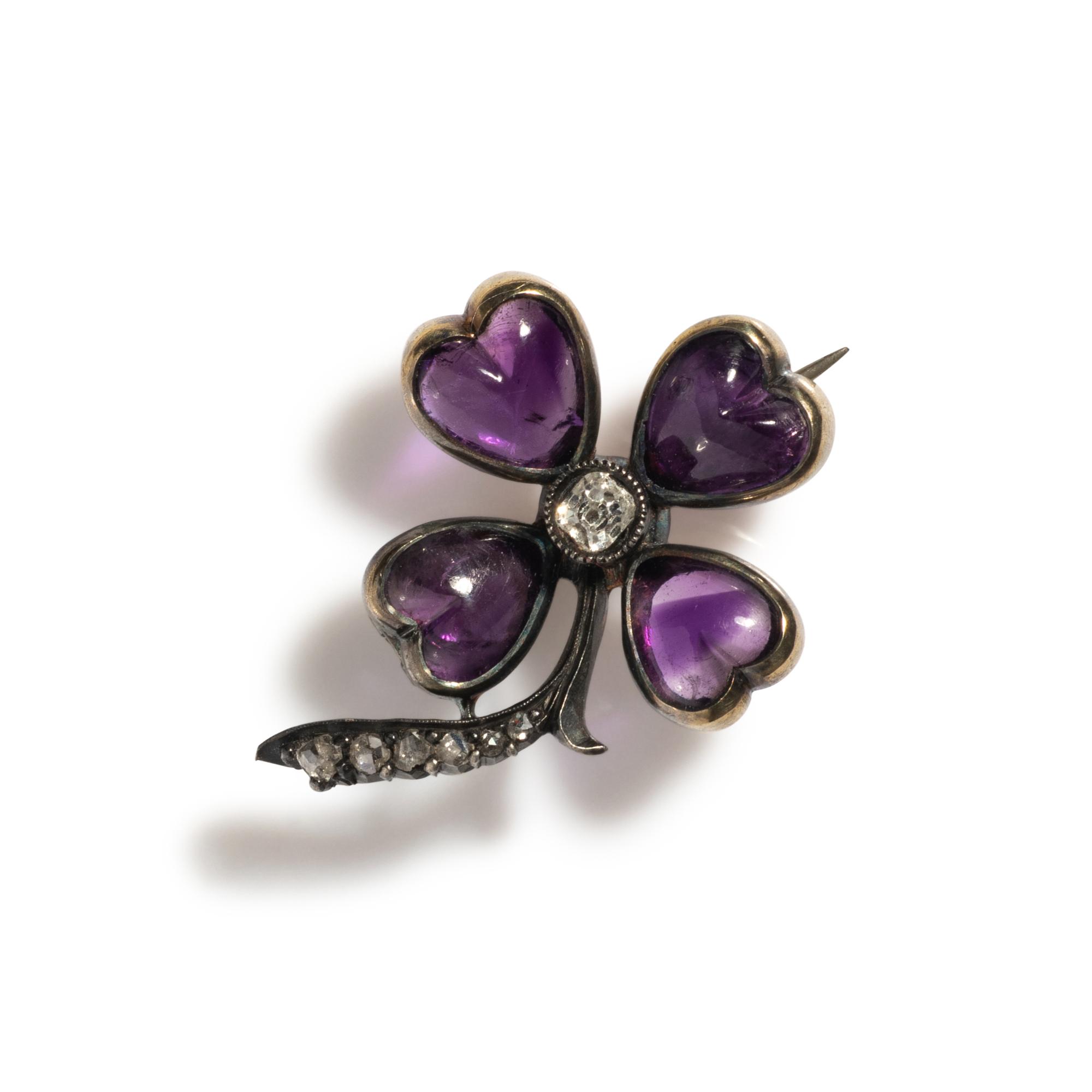 ANTIQUE, AMETHYST AND DIAMOND CLOVER BROOCH