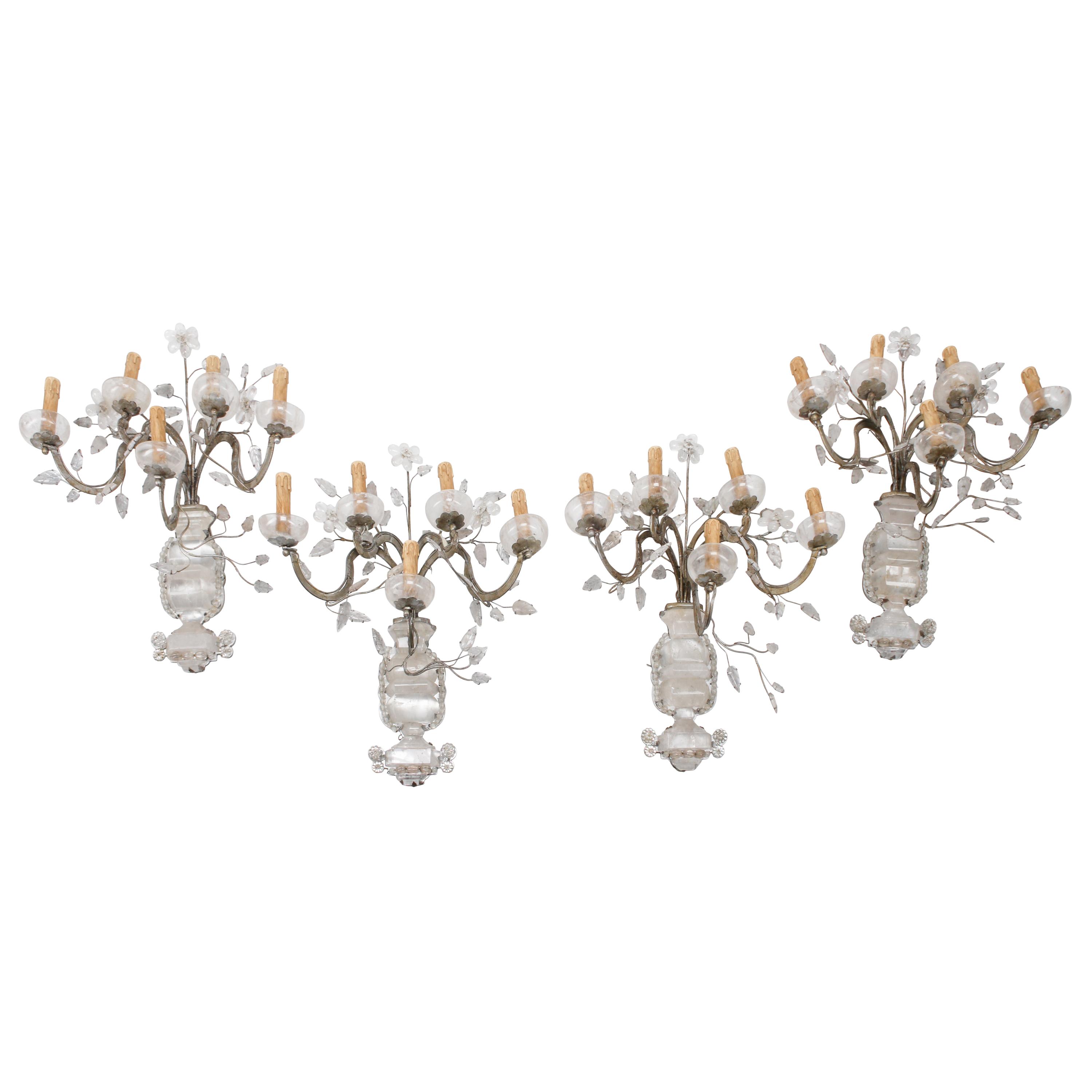 A Set of Four Régence Style Silvered Metal and Rock Crystal Five-Light Sconces