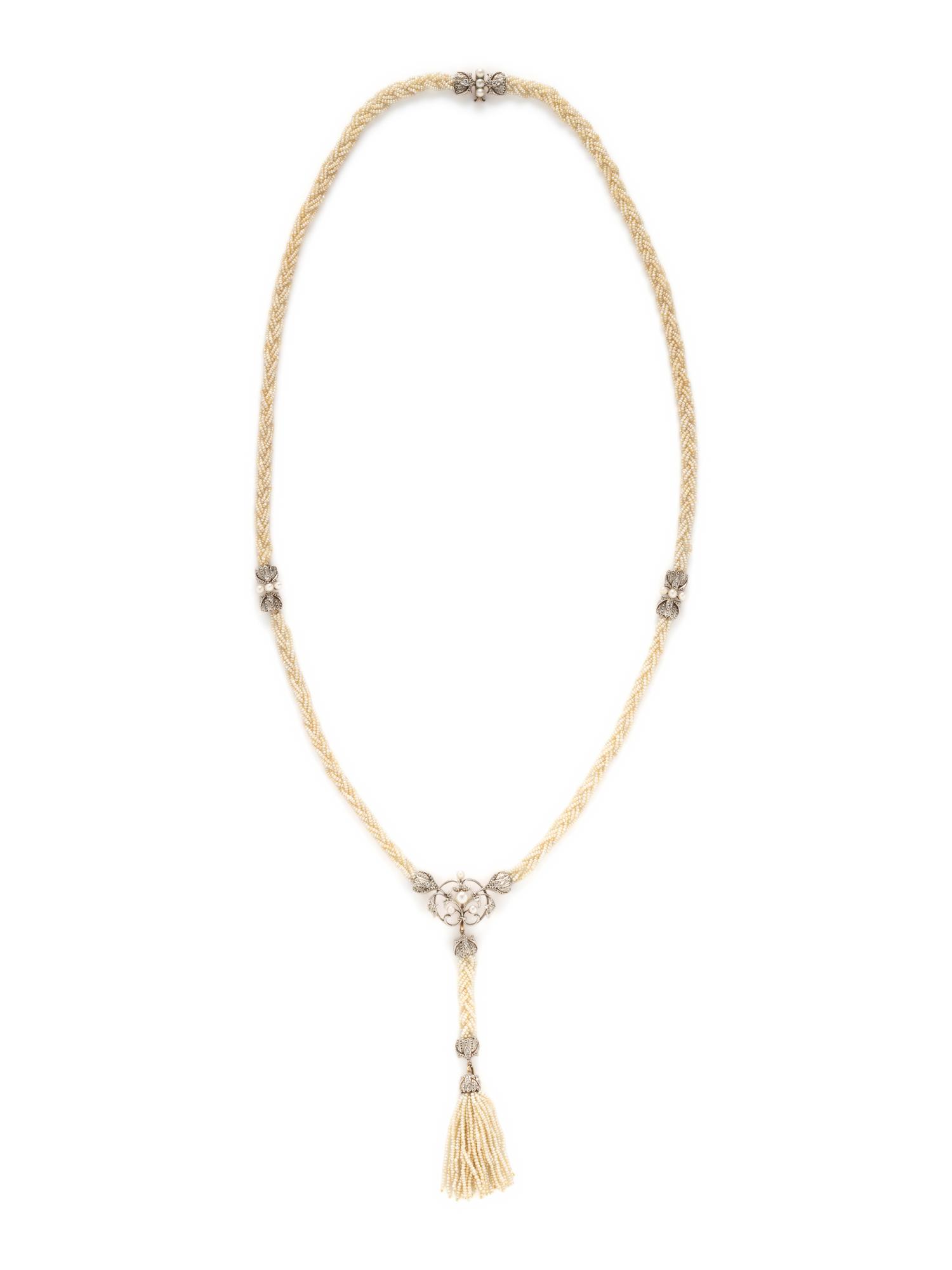 ANTIQUE, PLATINUM-TOPPED YELLOW GOLD, SEED PEARL AND DIAMOND SAUTOIR NECKLACE
