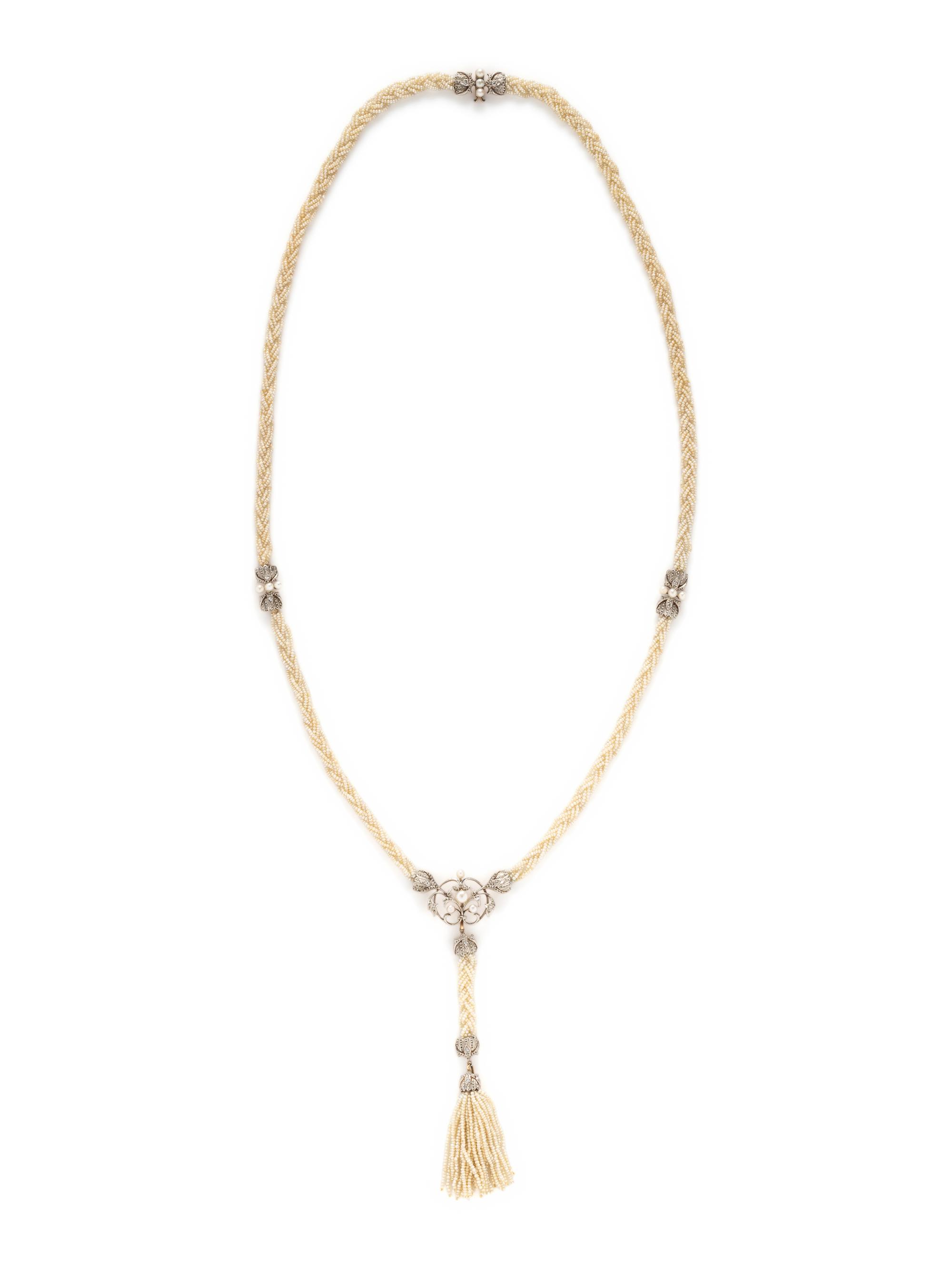 ANTIQUE, PLATINUM-TOPPED YELLOW GOLD, SEED PEARL AND DIAMOND SAUTOIR NECKLACE