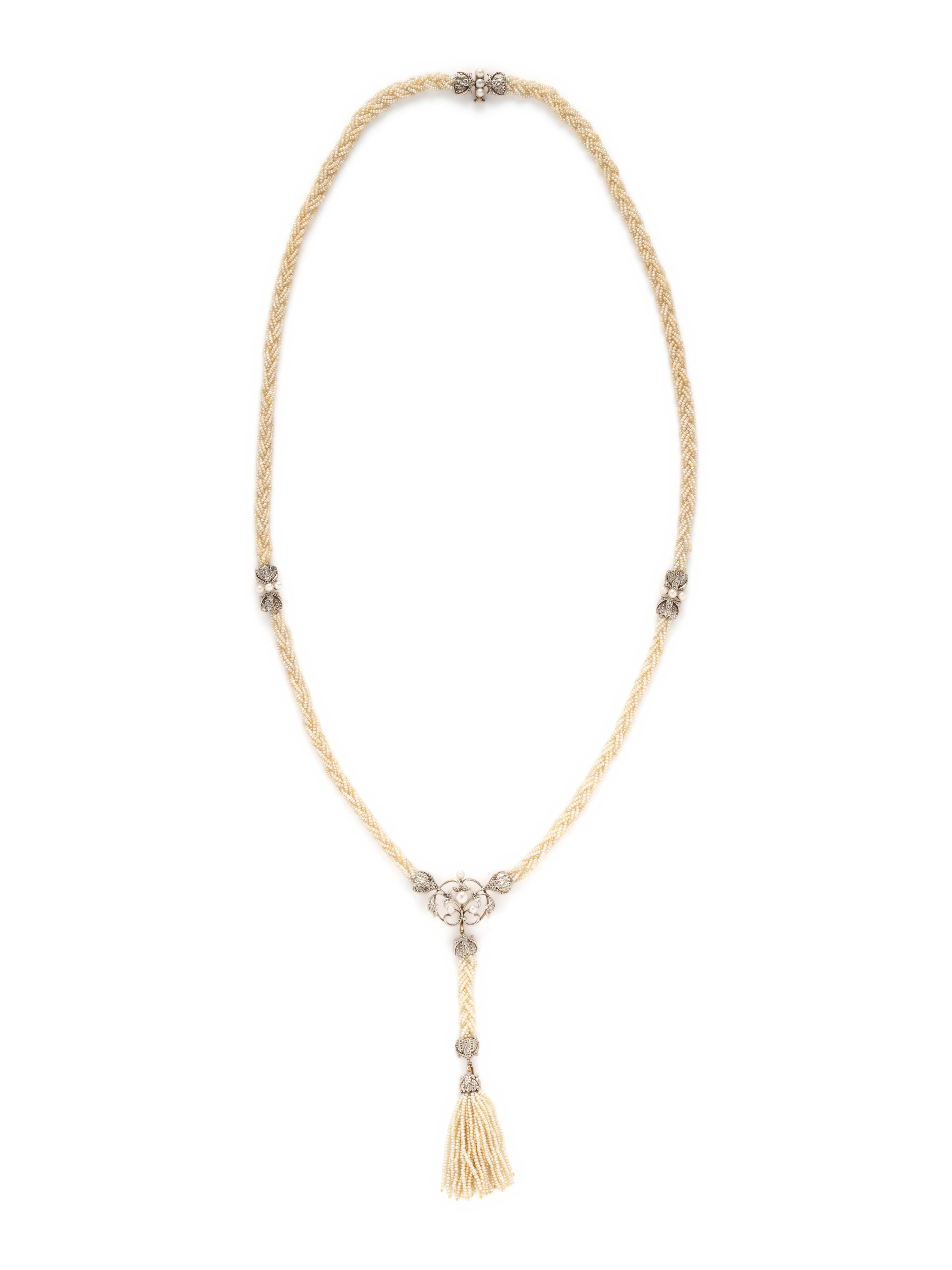 ANTIQUE, PLATINUM-TOPPED YELLOW GOLD, SEED PEARL AND DIAMOND SAUTOIR NECKLACE